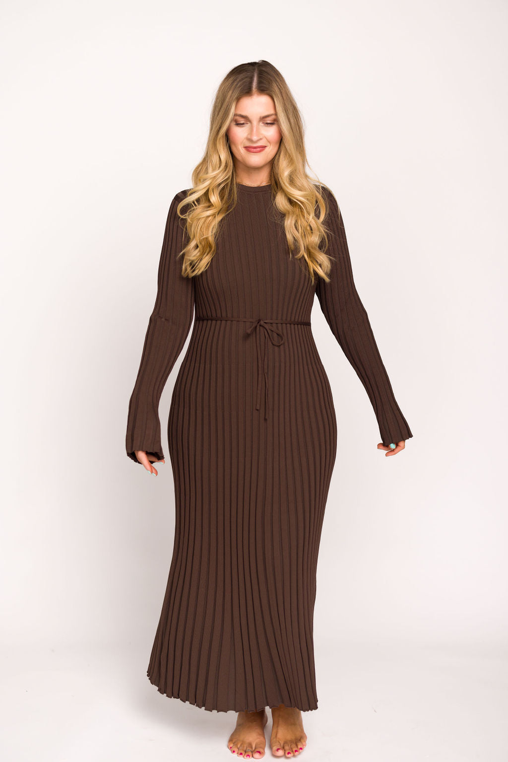 Colette Premium Long Sleeve Ribbed Knit Maxi Dress - Brown Maternity Dress for Pregnancy | Bump Friendly, Comfortable & Stylish for Casual Outings, Date Nights & Special Occasions