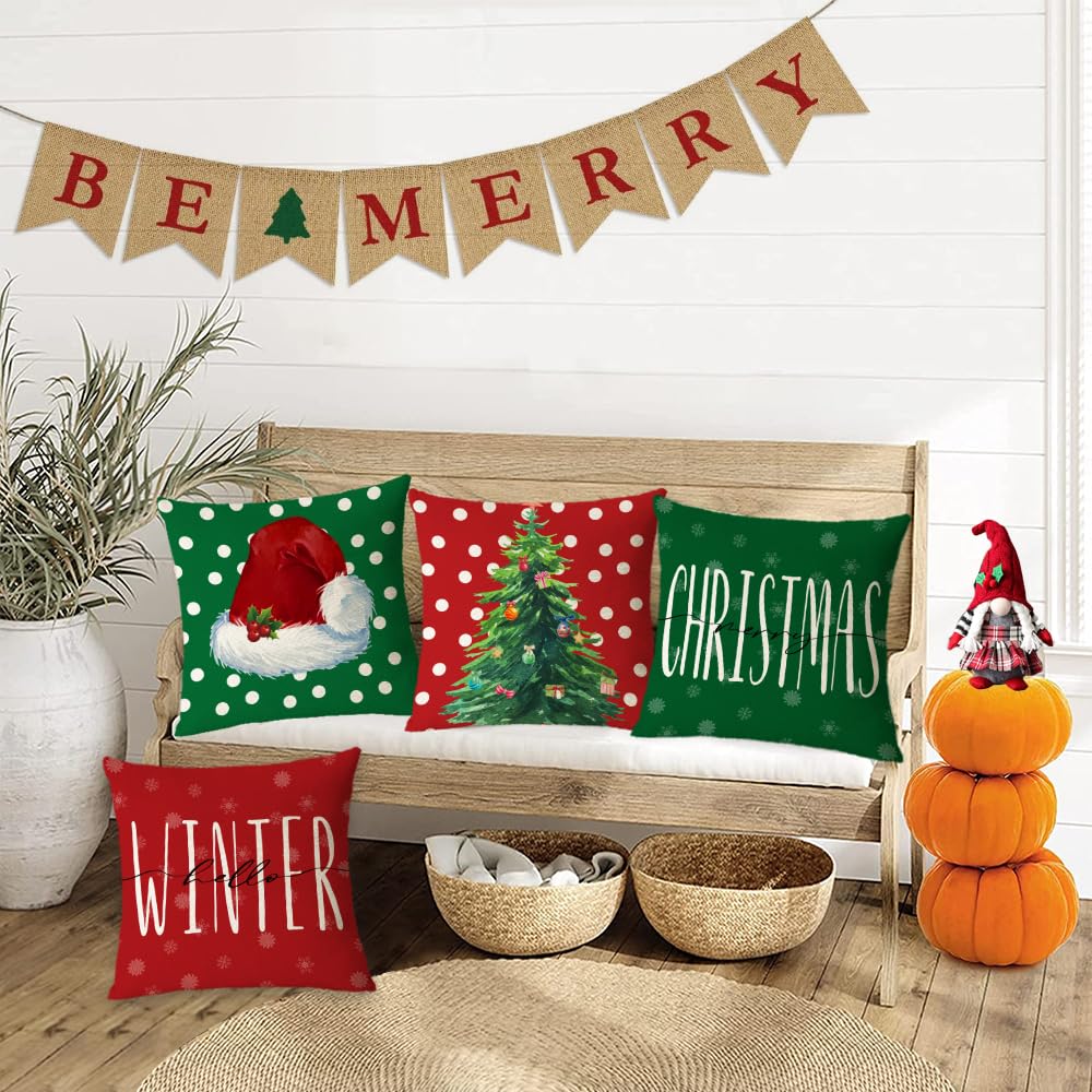 Festive Christmas Pillow Covers Set of 4 - 16x16 Inch Holiday Decorative Throw Pillow Cases with Christmas Tree, Deer & Santa Designs for Sofa, Couch, Bed - Perfect for Indoor & Outdoor Christmas Decorations (Red & Green)