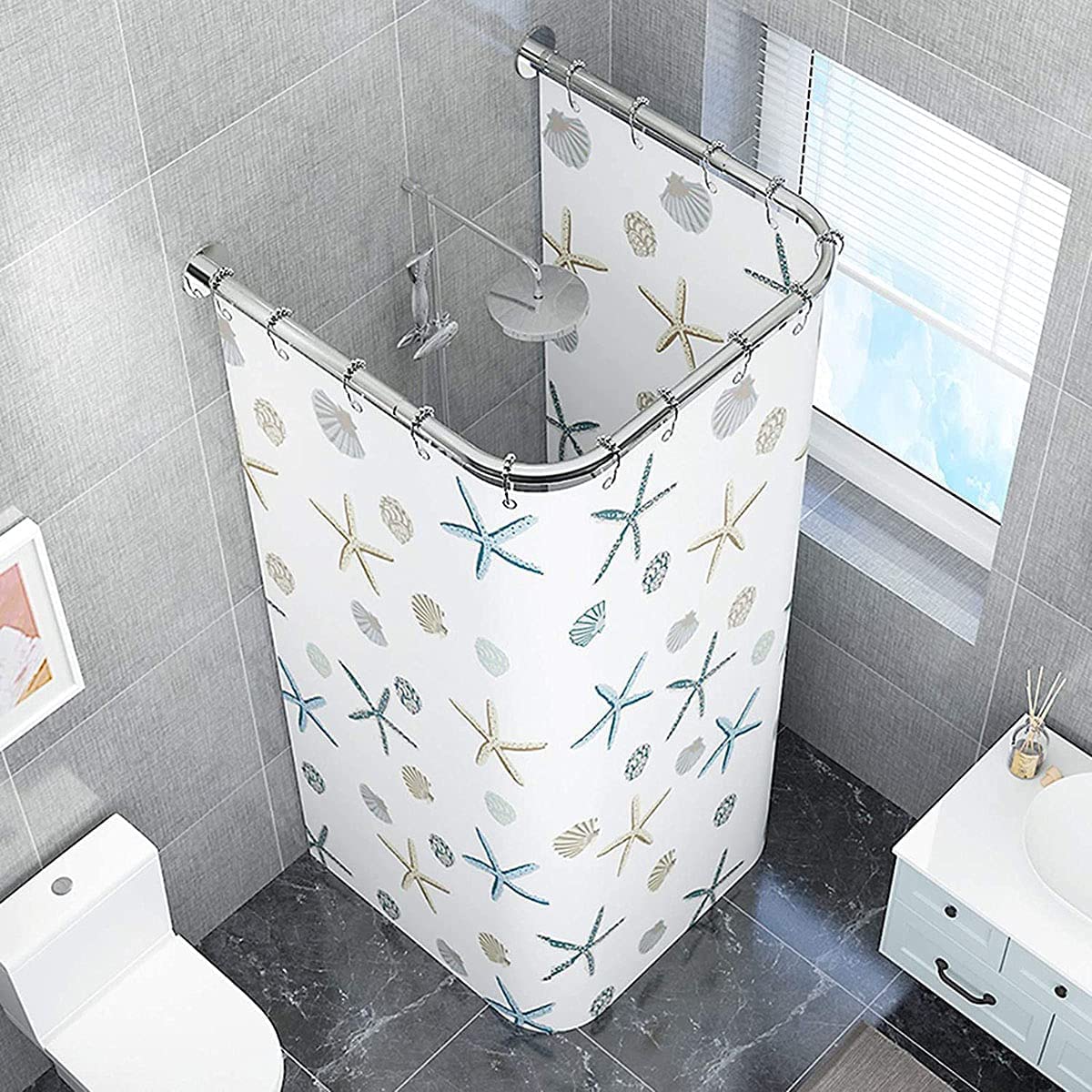 Stainless Steel Adjustable U-Shaped No-Drill Shower Curtain Rod - Extendable Curved Corner Bathroom Shower Rail Bar for Shower Cabin with Shower Curtain - Perfect for Small Spaces, Apartments & Bathroom Renovations