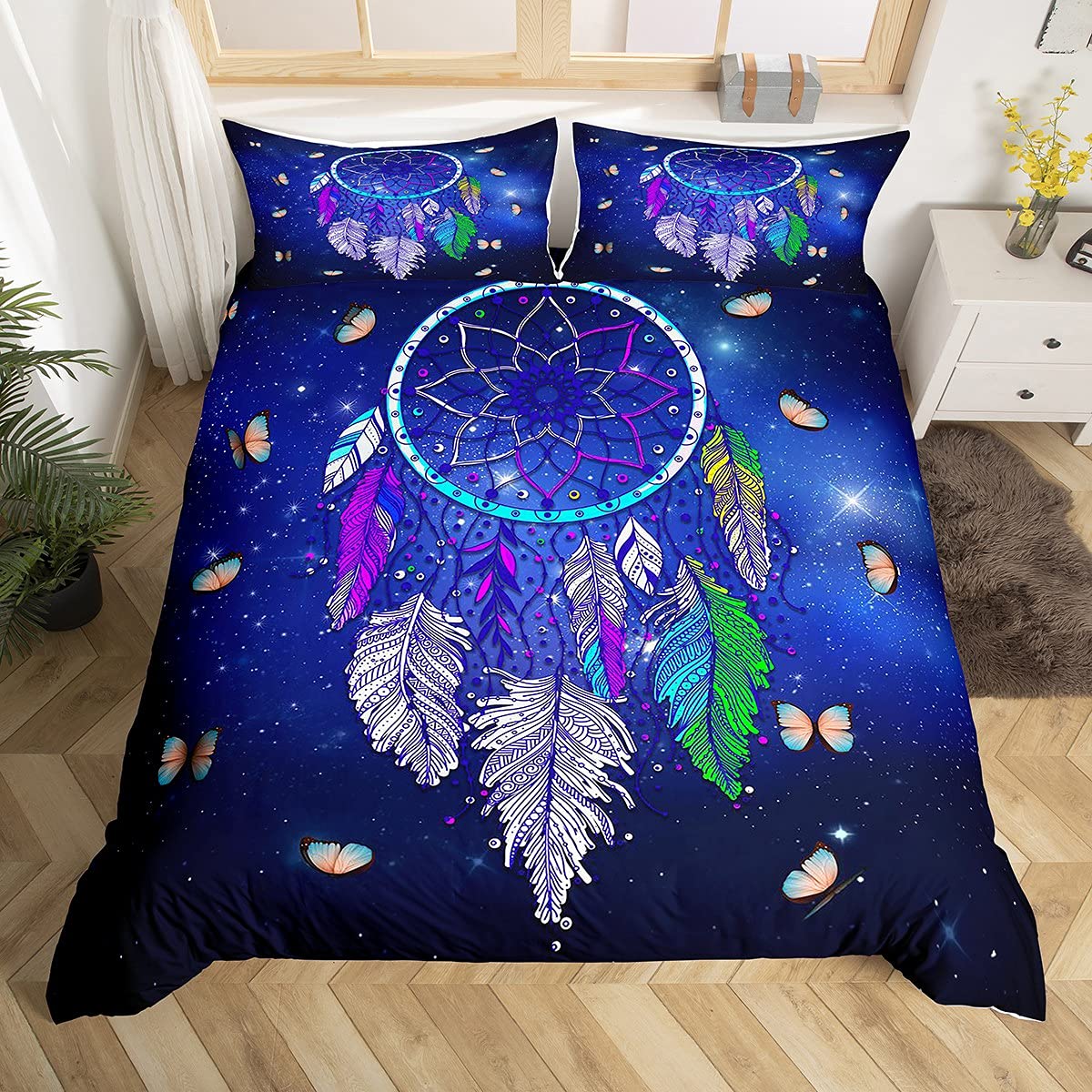Bohemian Dreamcatcher Queen Size Duvet Cover Set - Feather Mandala Butterfly Printed Luxury Microfiber Bedding with Galaxy Theme for Kids, Teens & Adults - Perfect for Bohemian Bedroom Decor & Cozy Sleep (Blue)