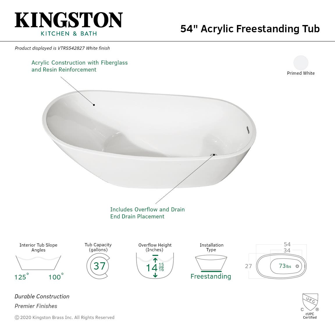 Aqua Eden VTRS542827 54 Inch White Acrylic Freestanding Bathtub with Drain - Modern Soaking Tub for Spa-Like Relaxation in Master Bathroom
