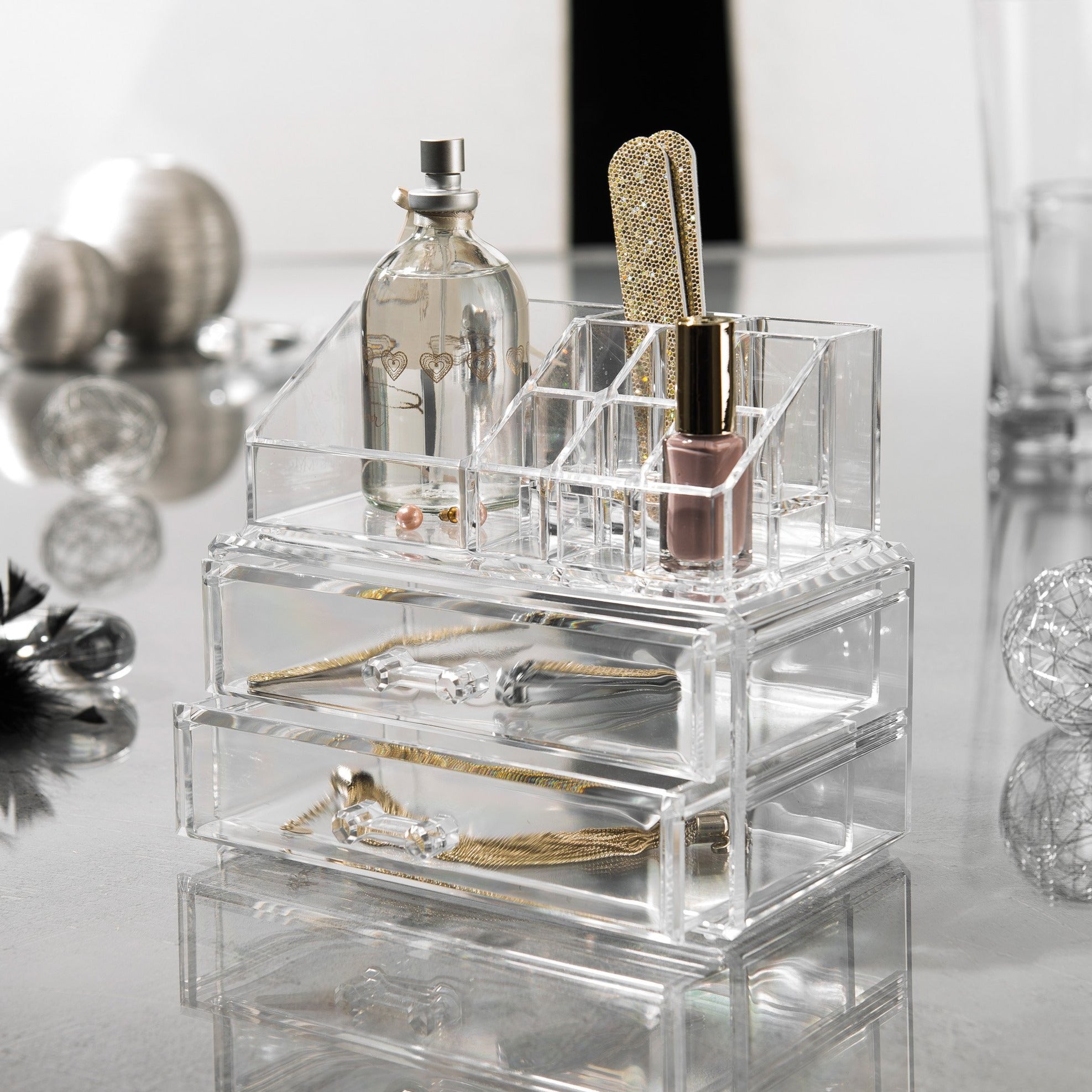 2-Drawer 9-Compartment Cosmetic Organizer Box - Perfect for Makeup, Jewelry & Small Accessories Storage