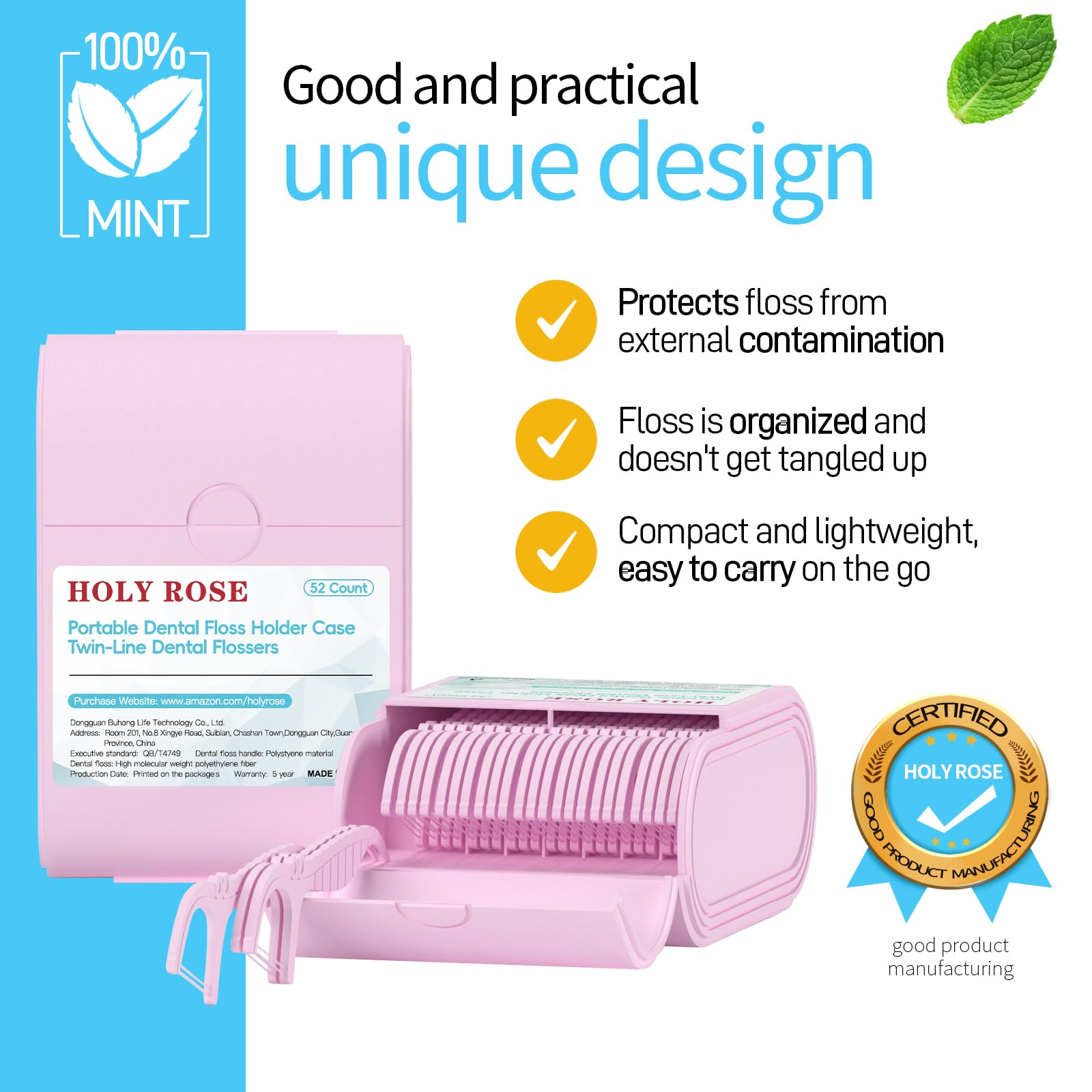 Holy Rose Pink Dental Floss Picks - 104 Count Mint Flavored Twin Line Flossers with 2 Travel Cases | Oral Care Tool for Clean & Fresh Teeth | Perfect for Travel, Home & Office Use