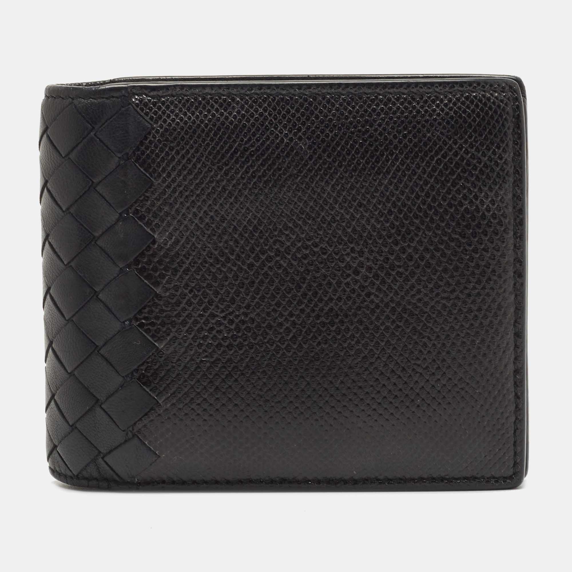 Premium Black Intrecciato Karung & Leather Bifold Wallet for Men - Slim RFID Blocking Credit Card Holder - Perfect for Business, Travel & Everyday Use