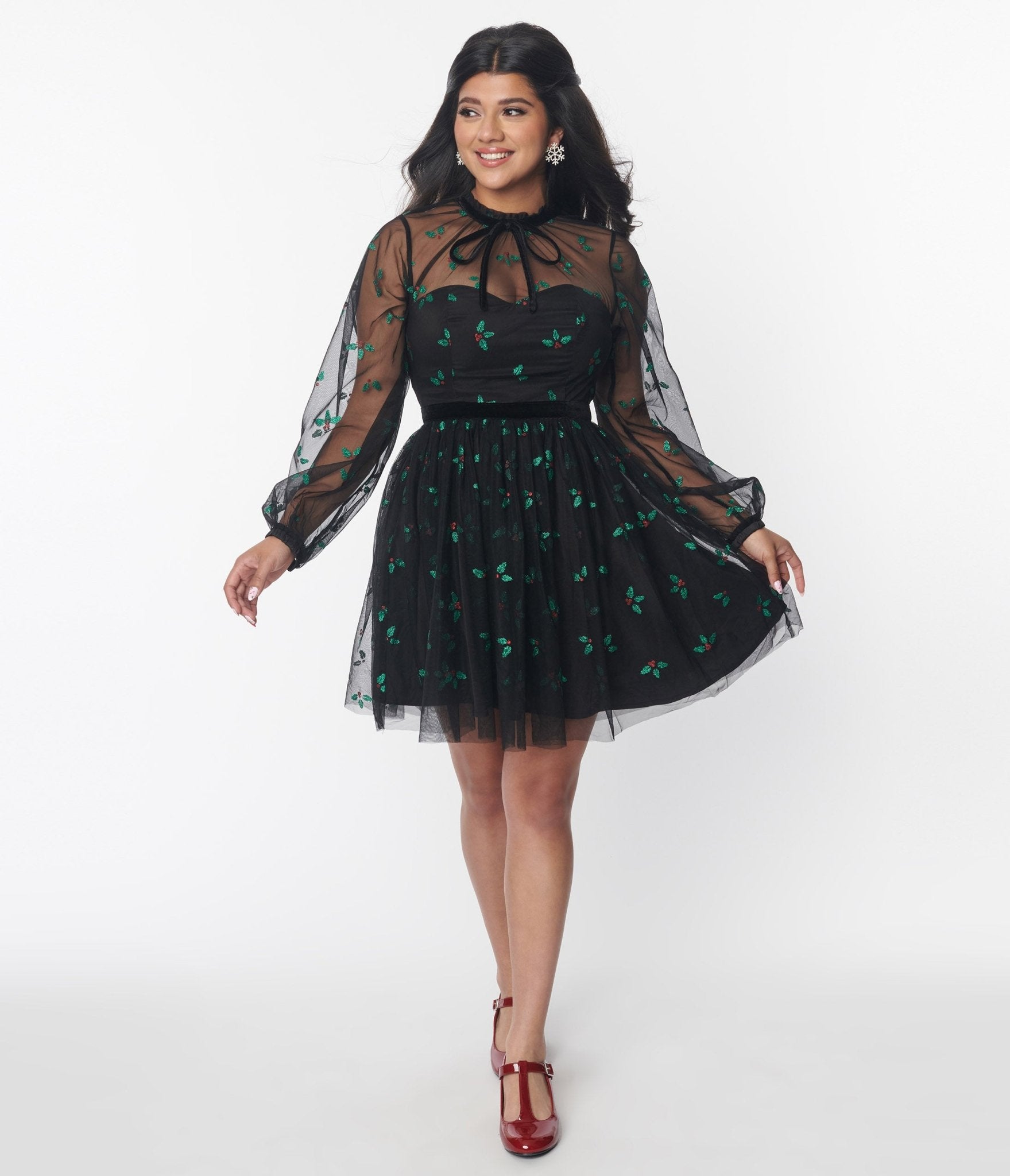 Vintage Black & Glitter Mistletoe Flare Dress for Women - Holiday Party, Christmas Dinner & Festive Occasions