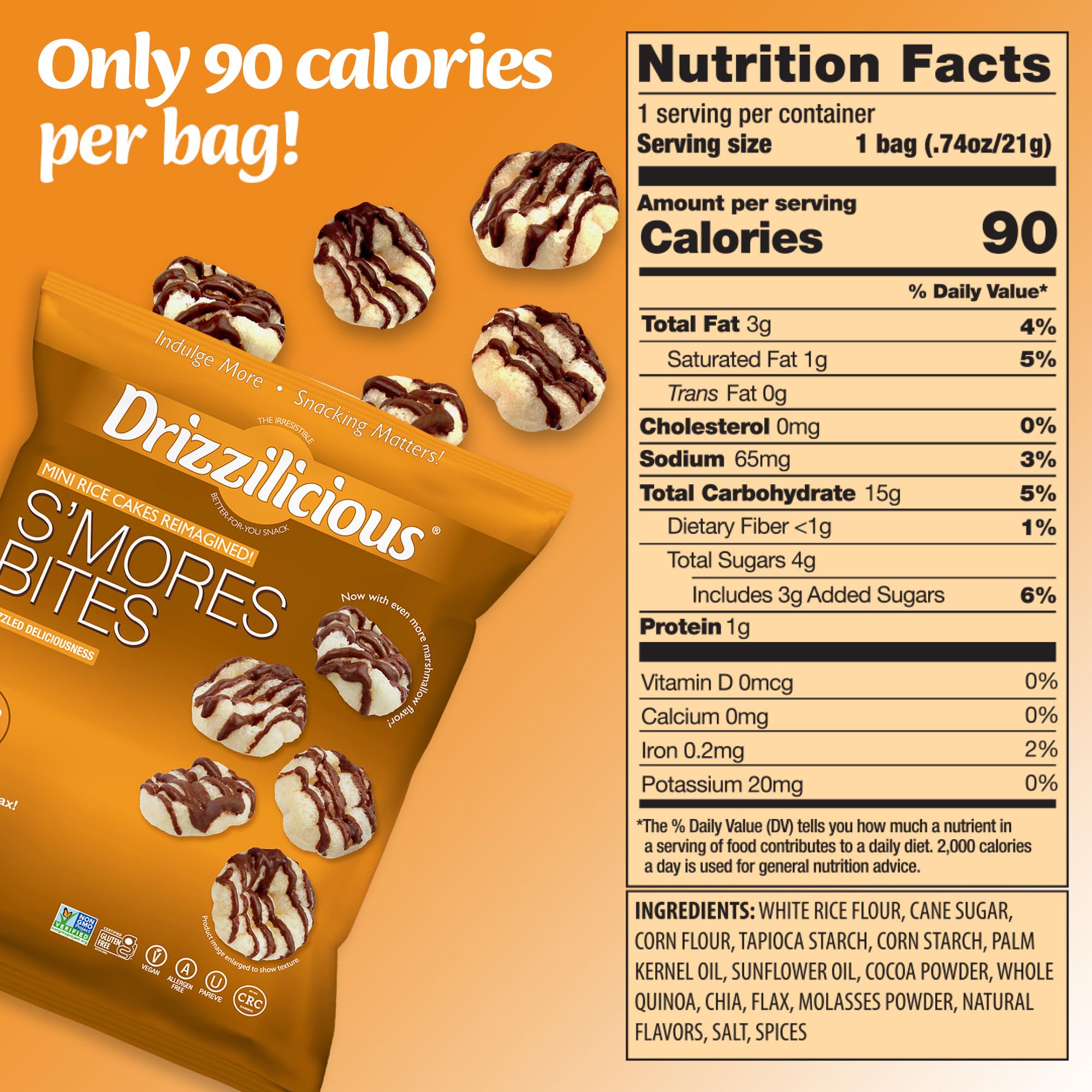 Drizzilicious Mini Rice Cakes Variety Pack - 32 Count of Healthy Vegan & Gluten-Free Rice Crisps Snacks (90 Calorie Per Bag) for Adults & Kids - Allergen-Free, .74oz Bags - Perfect for Lunchboxes, Office Snacking & On-The-Go Energy