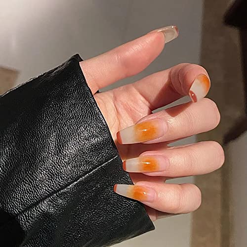 Orange Gradient Press on Nails - Medium Length Glossy Fake Nails with Jelly Glue Sticker - 24PCS Full Cover Acrylic Nails for Women - Perfect for Parties, Weddings, and Daily Wear