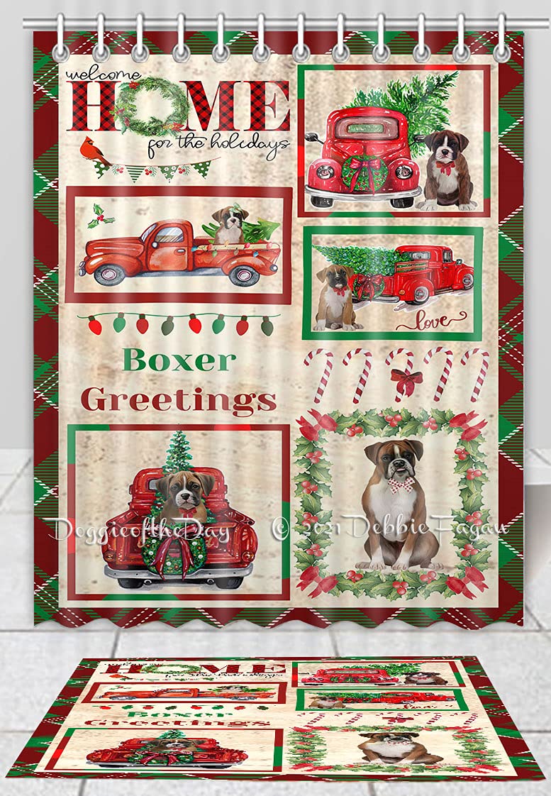 Christmas Dog Lovers Shower Curtain & Bath Mat Set - Non-Slip Bathroom Decor with Plush Rug & Polyester Curtain (Mat 16