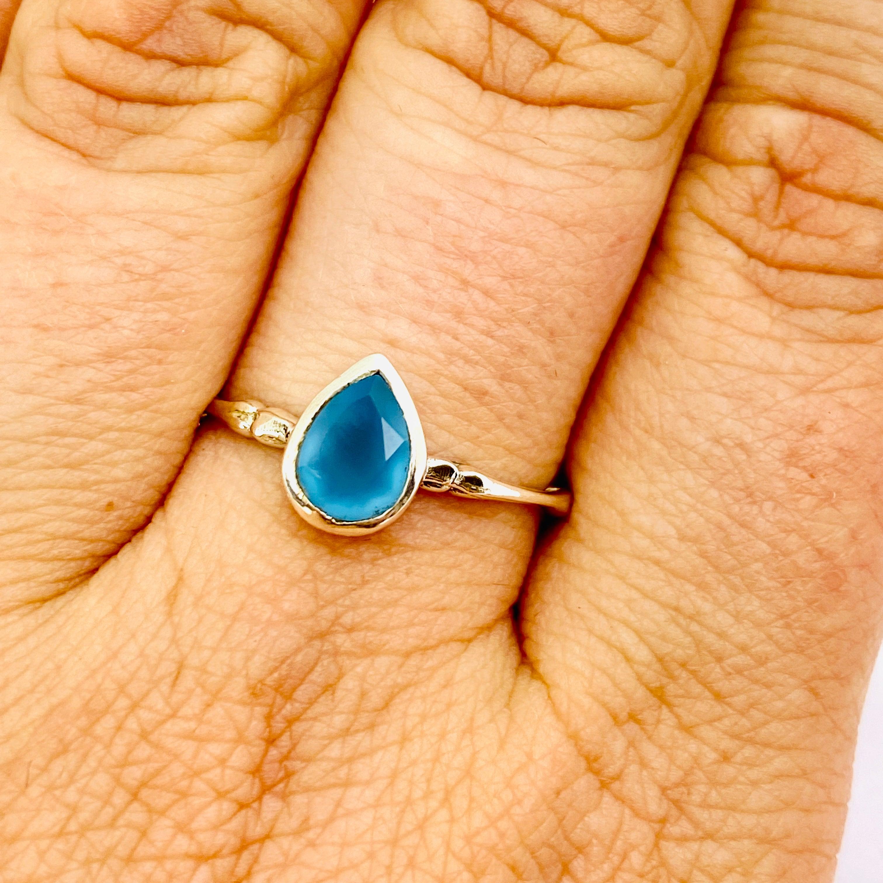 Blue Chalcedony Faceted Teardrop Fine Band Ring R3691 BC - Elegant Jewelry for Women, Perfect for Weddings, Parties & Special Occasions
