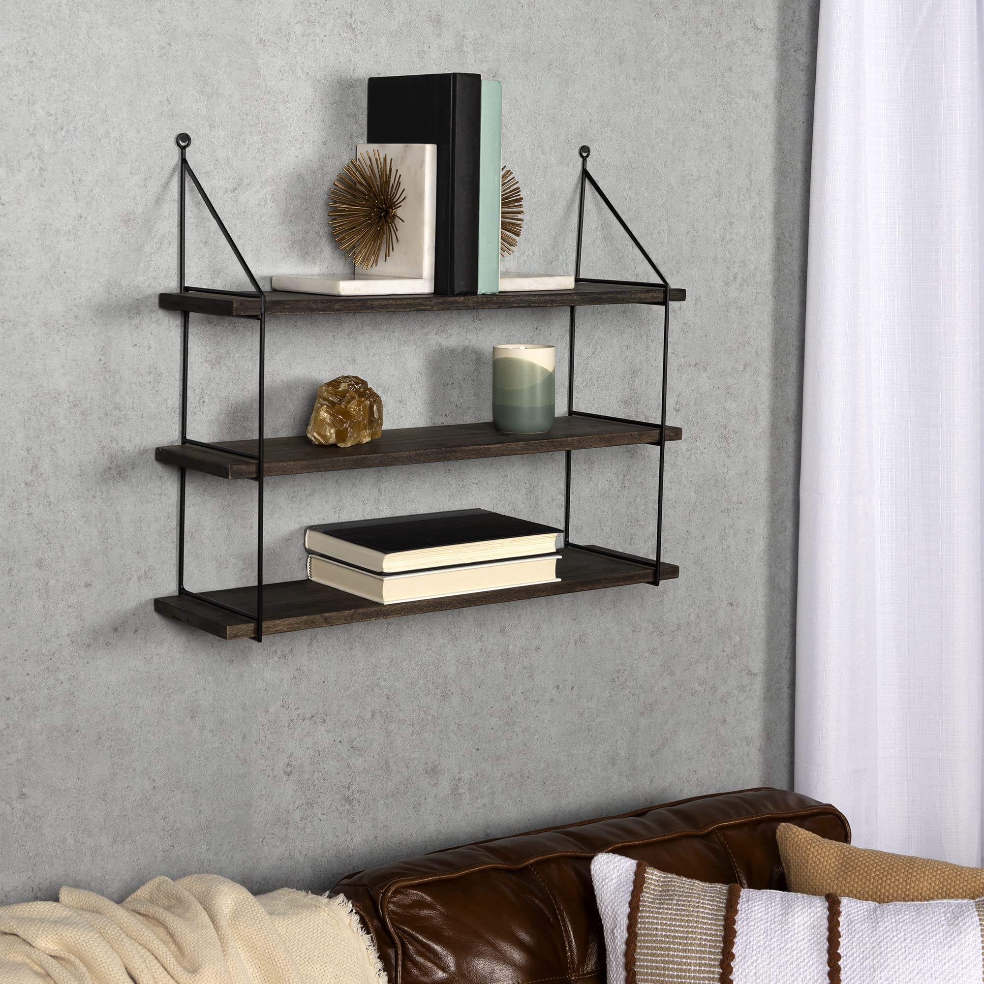 Stratton Home Decor 3-Tier Mango Wood & Metal Wall Shelf - Rustic Dark Natural Wood Floating Shelves for Living Room, Bathroom & Kitchen Storage | Space-Saving Organizer for Books, Plants & Decor