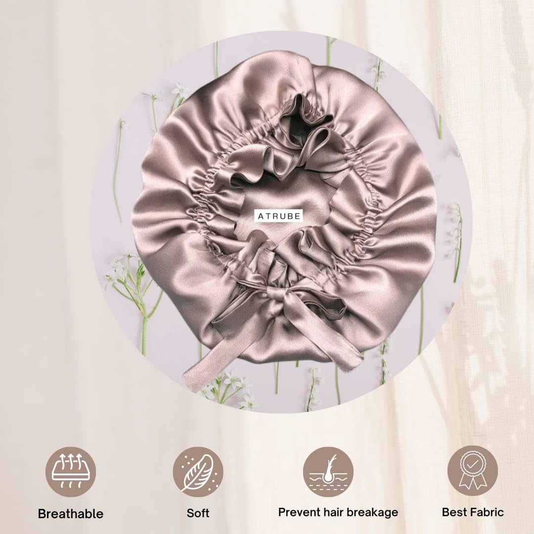 Atrube Adjustable Satin Silk Bonnet for Hair with 3 Premium Scrunchies & Ice Roller - Silk Hair Cap for Sleeping, Curly Hair Protection with Ribbon Tie Band - Perfect for Nighttime Hair Care, Travel & Salon Styling