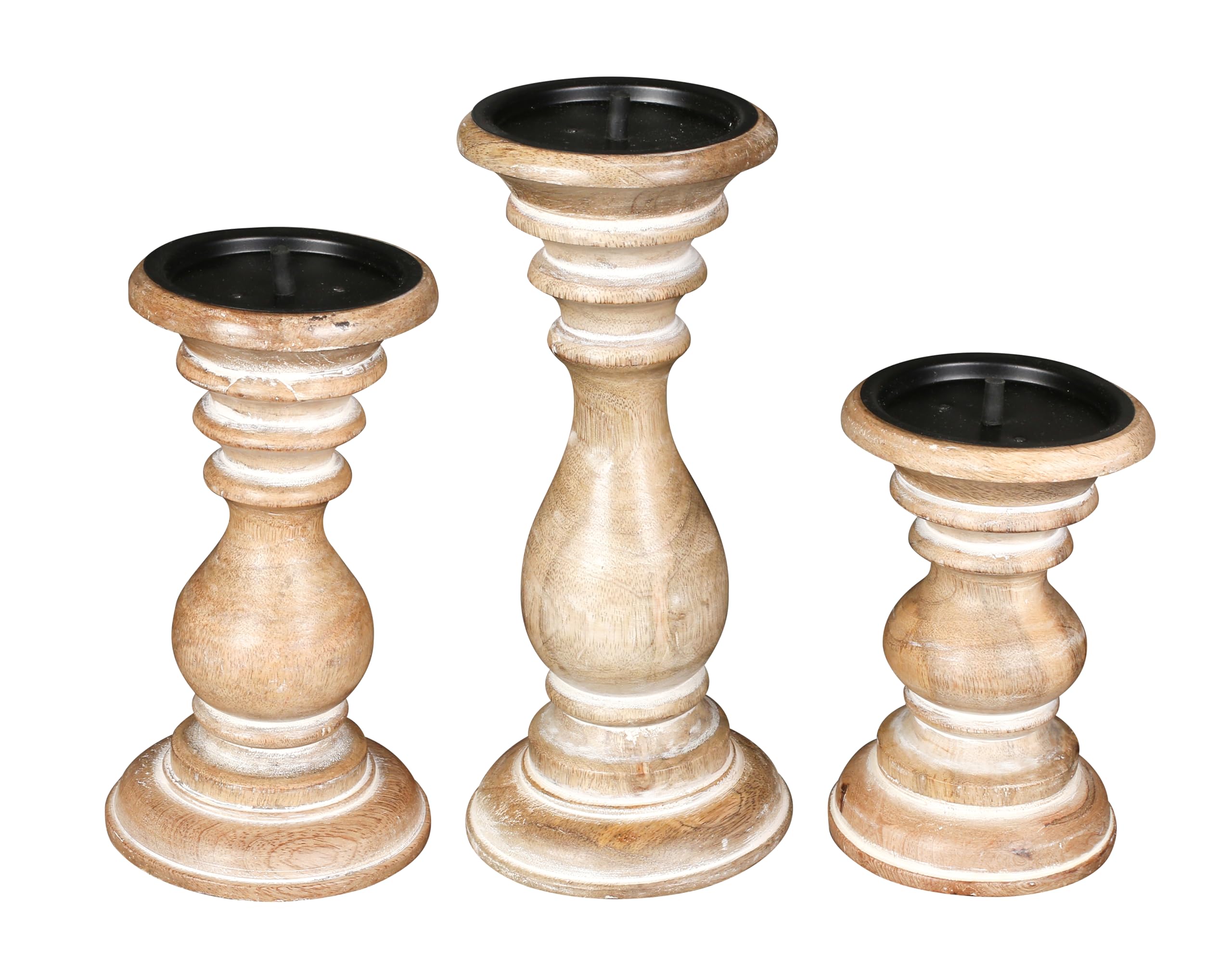 Rustic Whitewashed Wooden Candle Holder Set of 3 - Farmhouse Style Tall Pillar Candle Holders (10