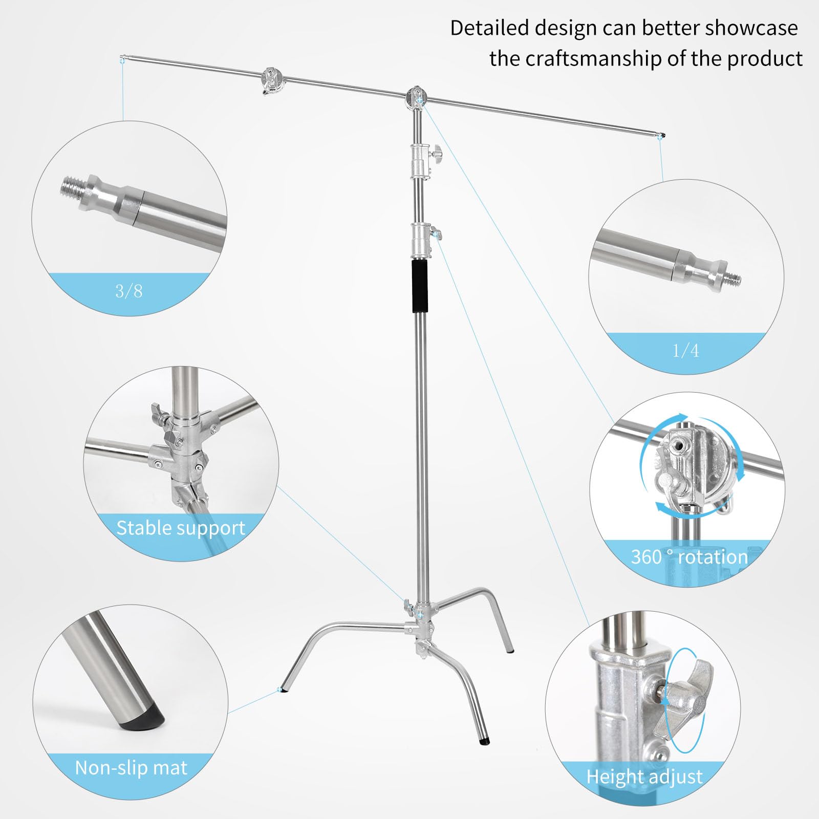 Heavy Duty Adjustable C Stand with Boom Arm & Wheels - 10.8ft (330cm) Max Height, 100% Stainless Steel Photography Light Stand for Studio Video & Photo Shooting - Perfect for Professional Photographers, Videographers, and Content Creators
