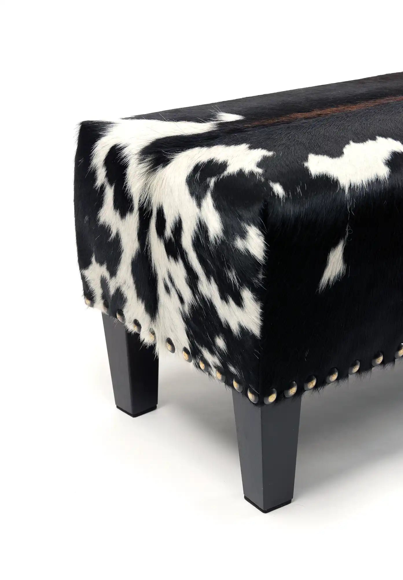 Premium Cowhide Ottoman with Sturdy Wood Legs & Studs - 100x40x40cm - Perfect for Living Room, Bedroom & Home Decor