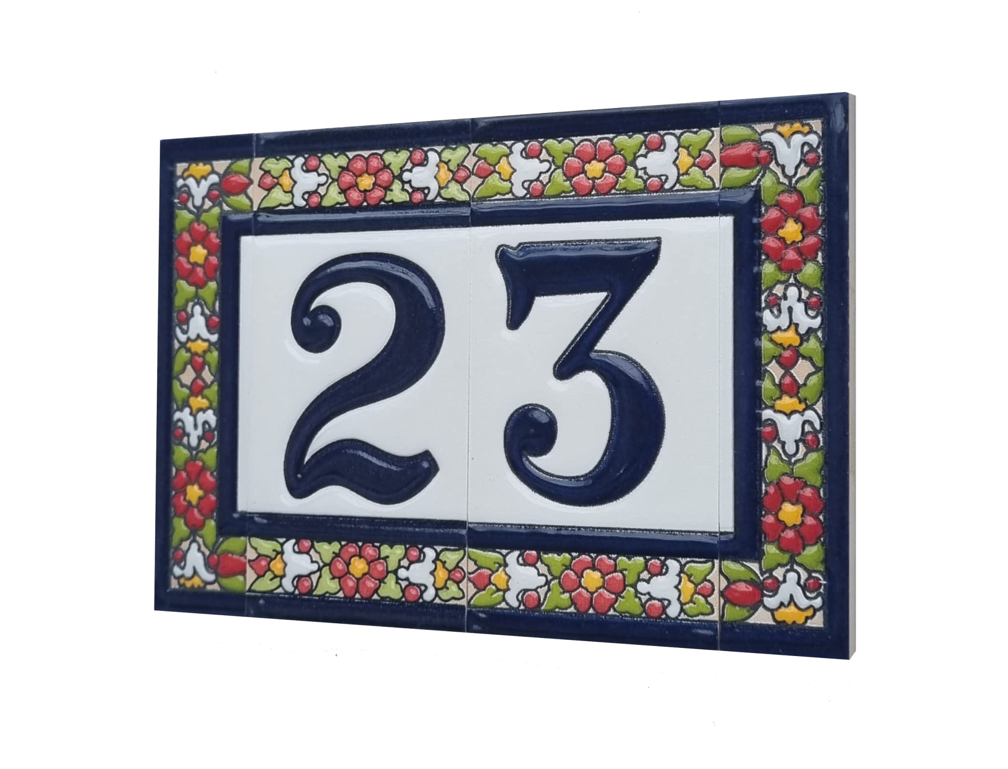 Spanish Floral Ceramic House Number Tiles - Decorative Address Plaques with Ornate Frames for Home Exterior, Garden Gate & Front Door Decor