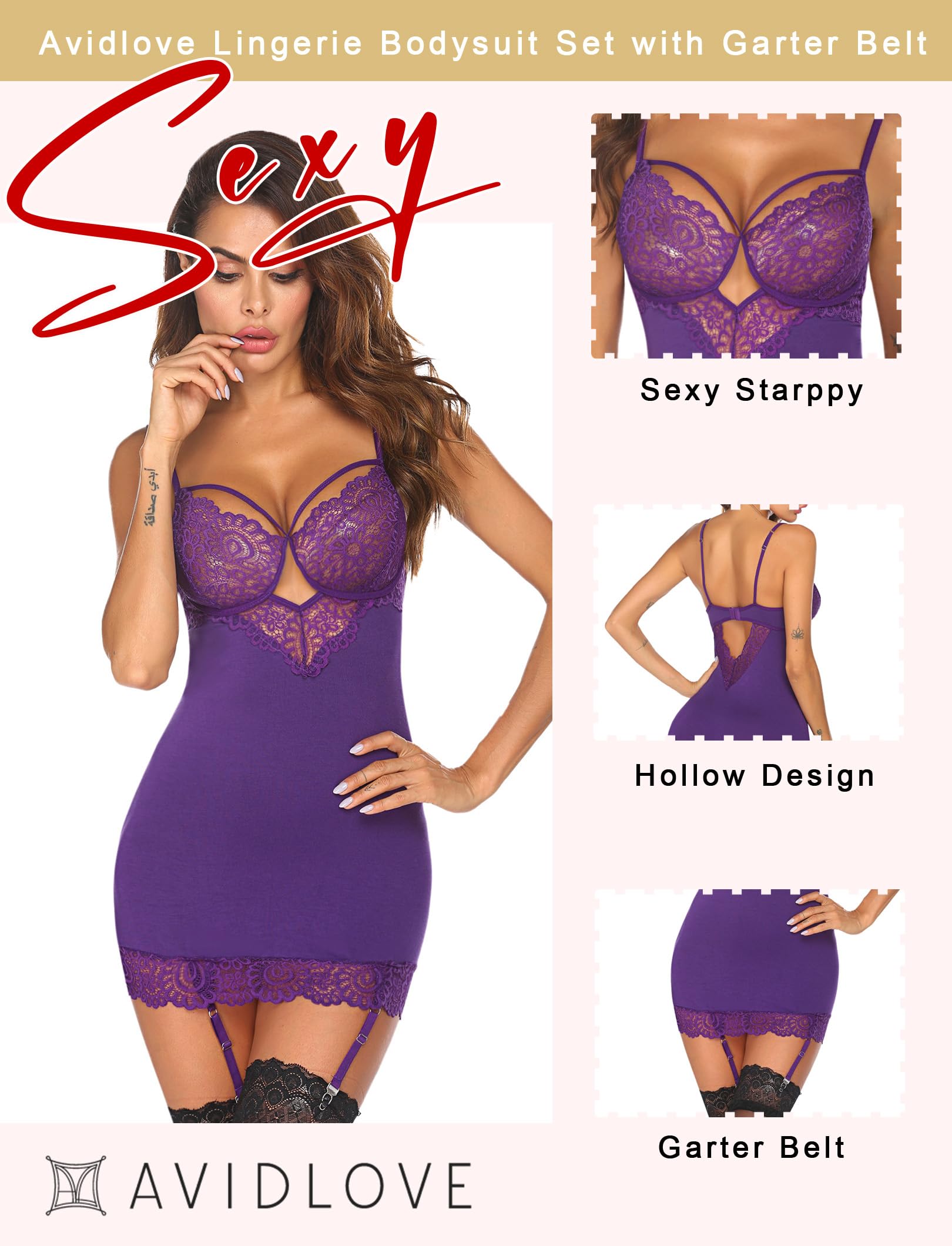 **Avidlove Women's Lace Teddy Bodysuit with Garter Belt - Sexy Babydoll Lingerie Set for Valentine's Day, Bridal Shower & Romantic Nights**