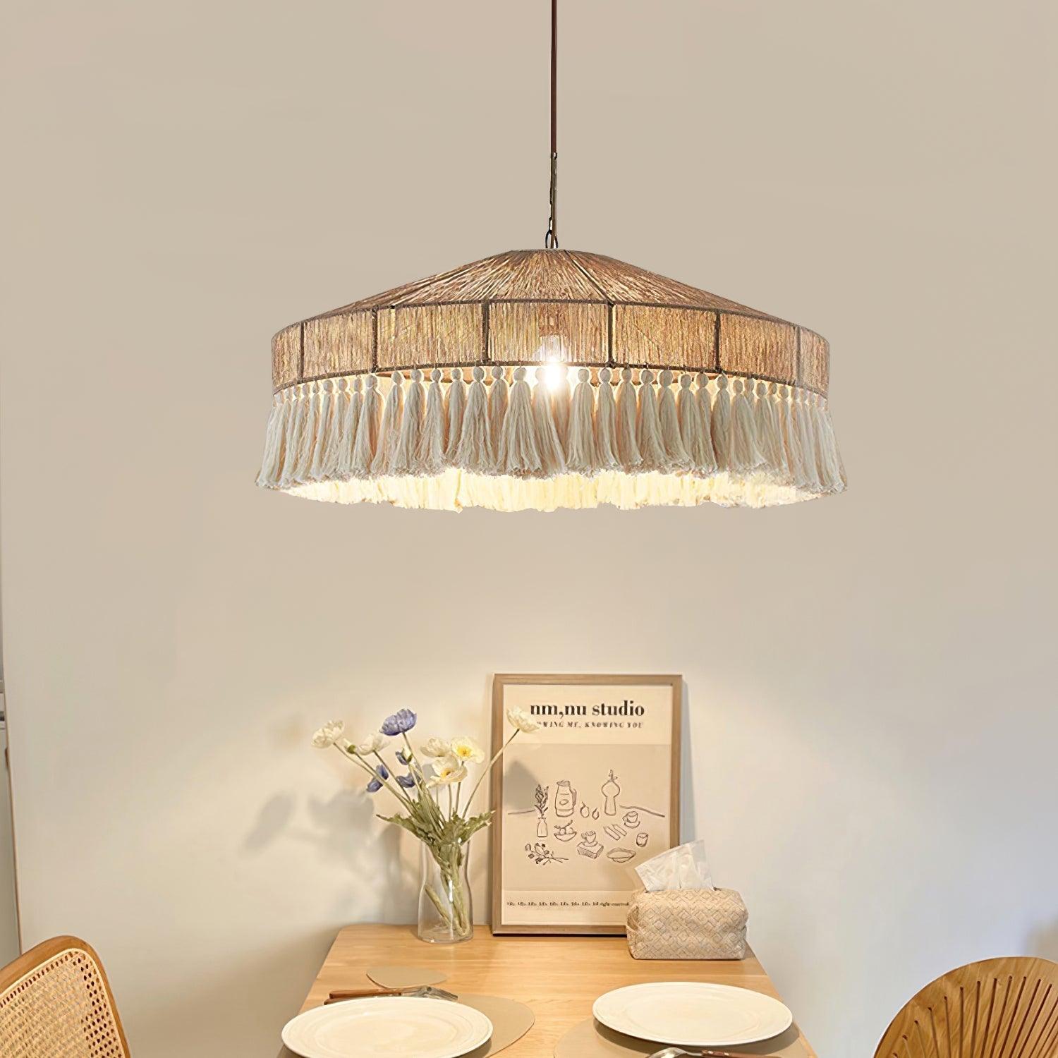 Bohemian Fringe Pendant Lamp - Handmade Rattan Chandelier for Living Room, Bedroom & Dining Room - Boho Ceiling Light Fixture for Home Decor & Cozy Ambiance