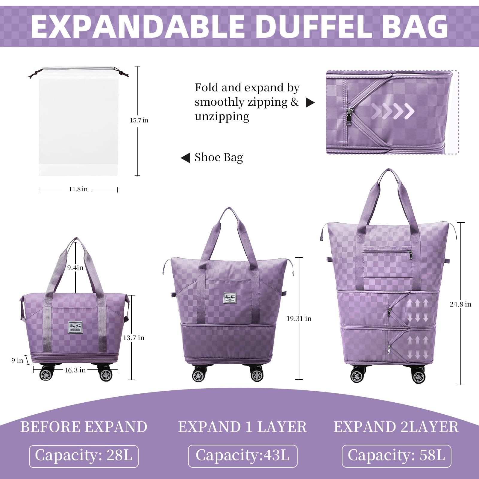 Expandable Rolling Duffle Bag with Wheels - Travel Luggage for Men & Women | Gym, Weekend Trips