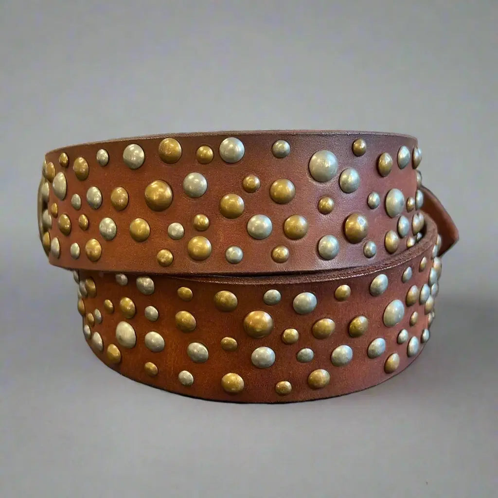 Premium Women's Full Grain Leather Belt with Oval Buckle & Studs - Classic Fashion Accessory for Office, Casual & Formal Outfits