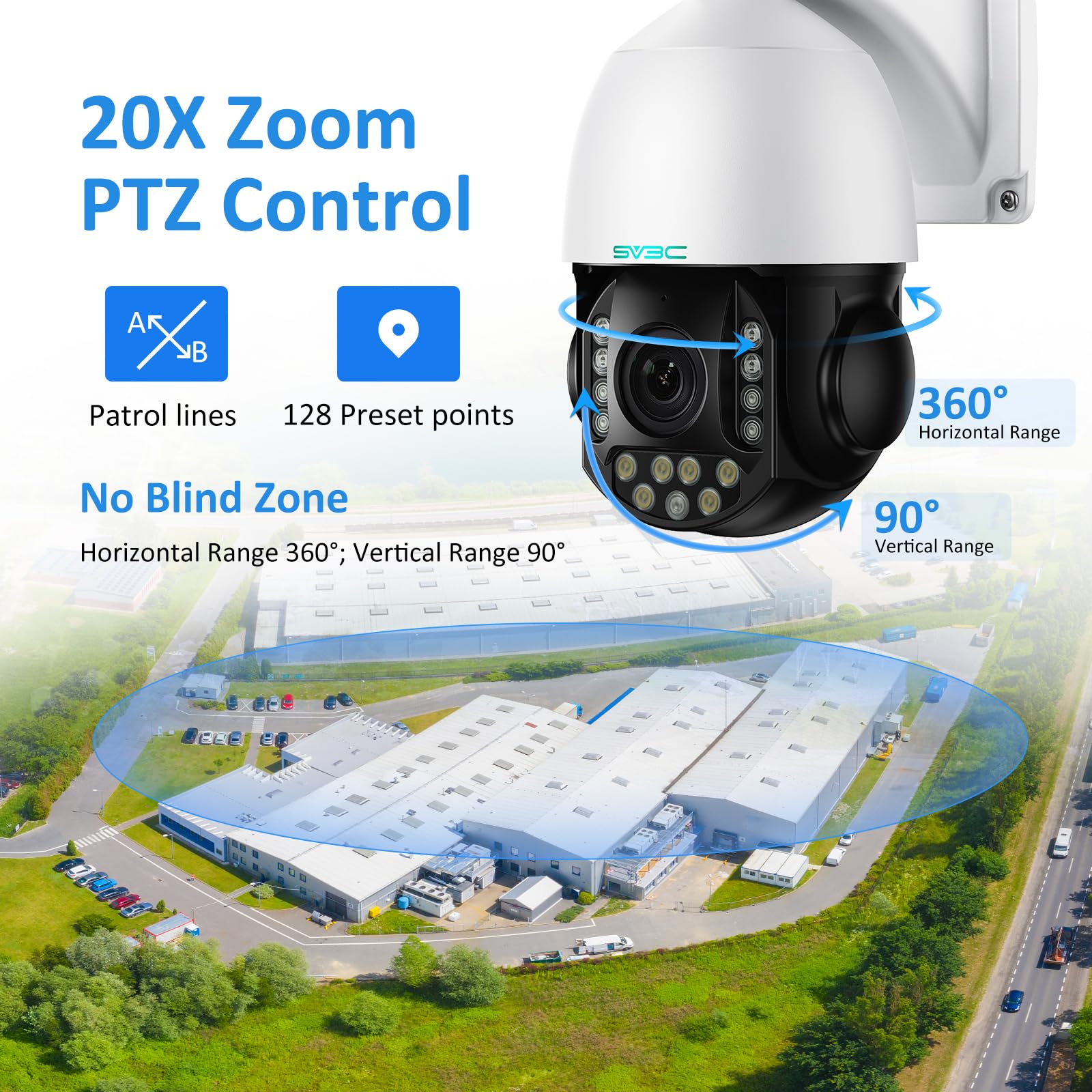 SV3C 20X Zoom PTZ POE Outdoor Security Camera 5MP with Auto Tracking & Auto Focus - 360° Home Surveillance System, HD 200FT IR Night Vision, Waterproof, Motion Detection, Remote Access, ONVIF, Camhipro, SD Card Slot - Ideal for Home, Office & Business Security Monitoring