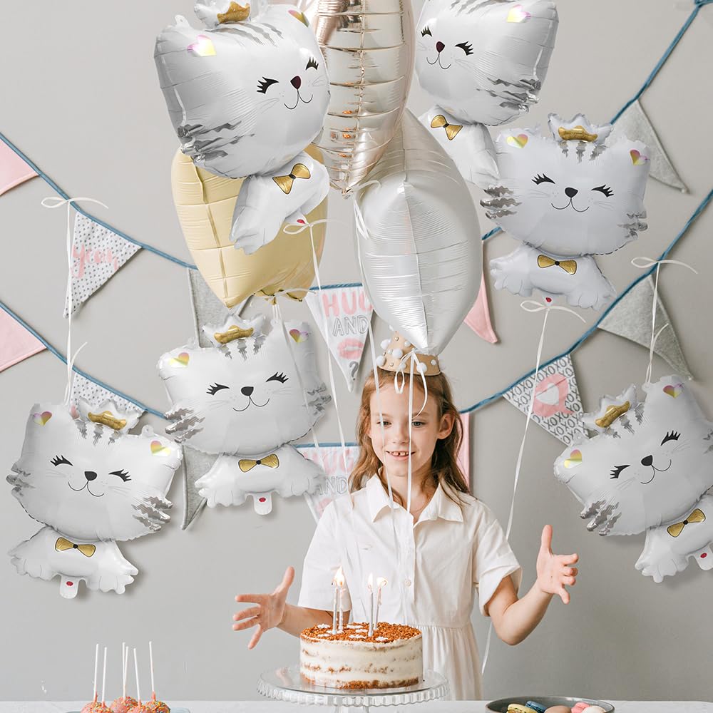 6 Pack 27'' White Cartoon Kitten Cat Balloons - Mylar Foil Helium Balloons for Kids Birthday Parties, Baby Showers & Animal Themed Decorations | Perfect for Indoor/Outdoor Party Decor, Photo Backdrops & Celebration Events