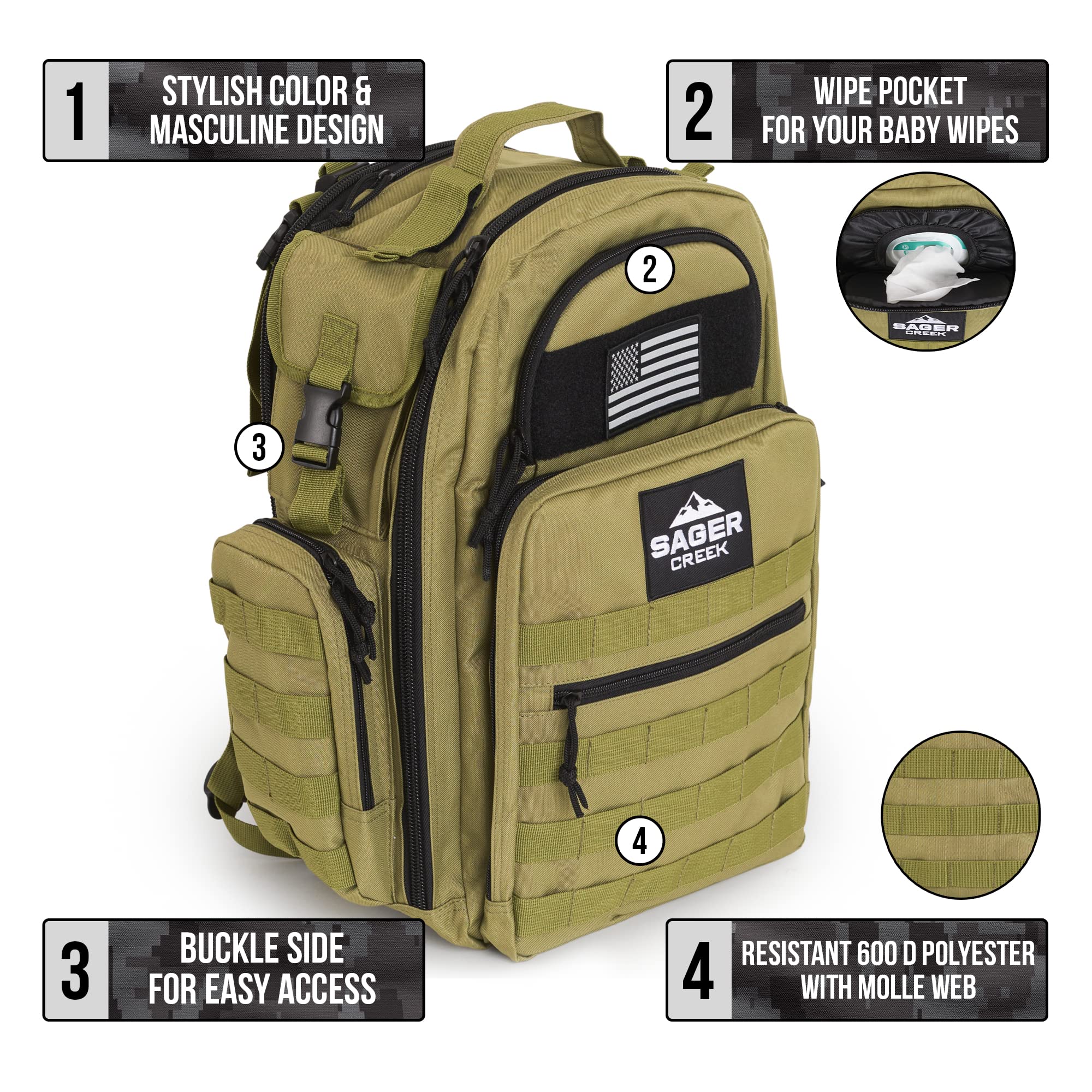 Premium Diaper Backpack for Men - Waterproof Travel Baby Bag with Portable Changing Station & Insulated Bottle Pockets - Perfect for Dads on the Go, Air Travel & Outdoor Adventures (Sager Creek)