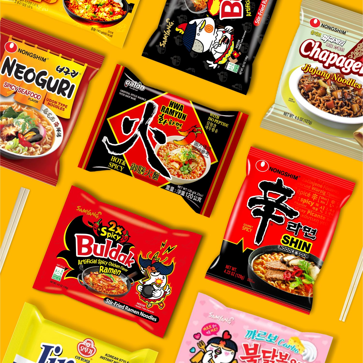 Journey of Asia Ramen Box - 8 Authentic Korean Instant Noodles + 2 Chopsticks | Asian Food Gift Box | Spicy Fire Noodle Challenge Kit | Perfect for Ramen Lovers, Foodies & Gift Giving