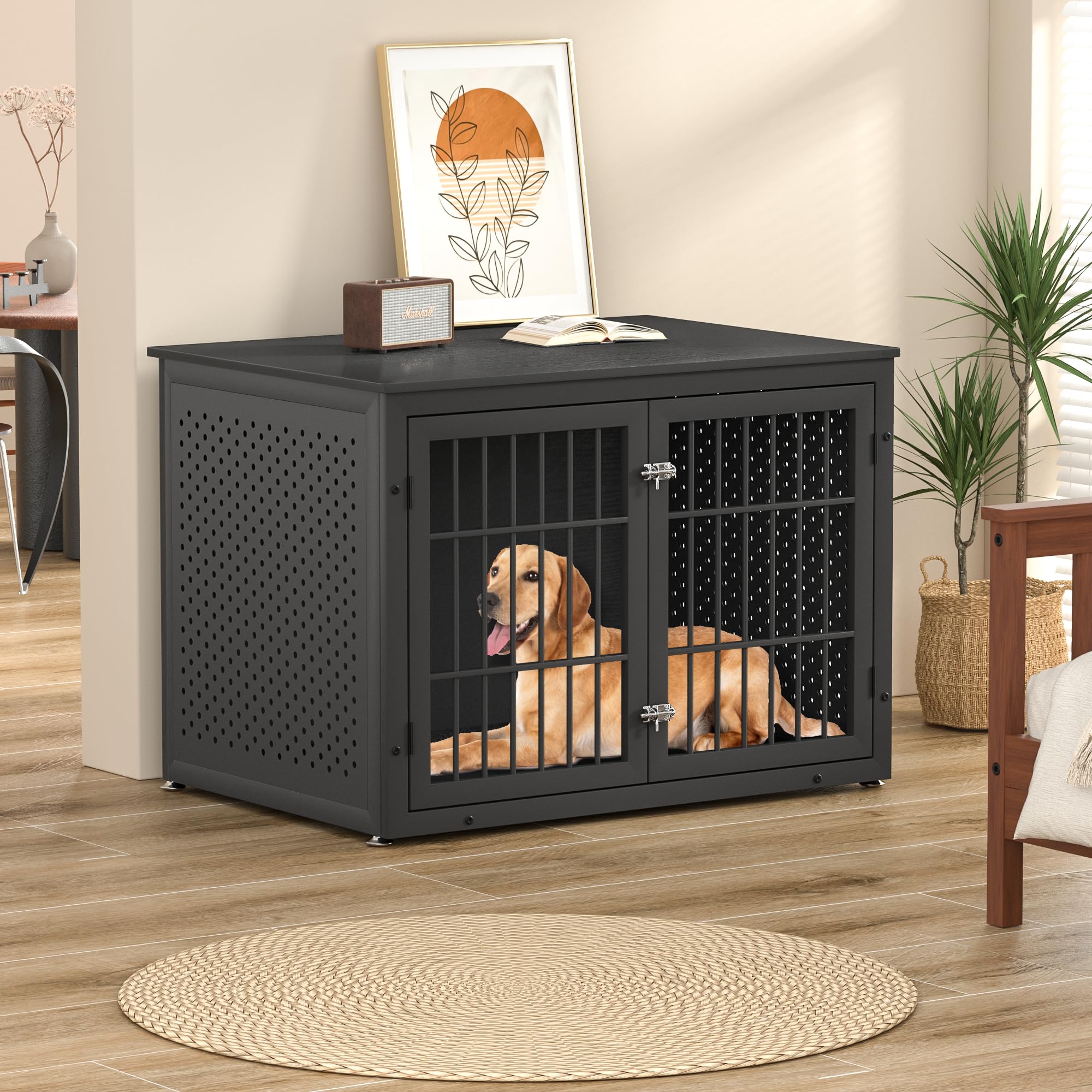 Heavy Duty Dog Crate Furniture for Large & Medium Dogs - Indestructible Metal Kennel for Anxious Pets - Wooden Cage Kennel End Table with Decorative Design (Black) | Perfect for Living Room, Bedroom & Home Office Use