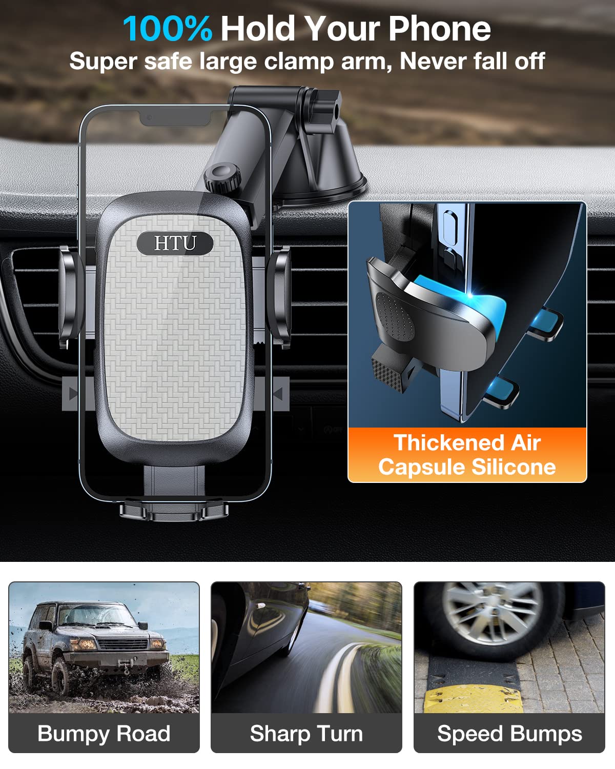 True Military-Grade Car Phone Mount Holder - Ultra Strong Suction Cup & Secure Clip - Universal Dashboard Windshield Air Vent Phone Stand for iPhone 15 14 13 Pro Max Samsung Galaxy - Perfect for Road Trips & Daily Commuting (Grey)