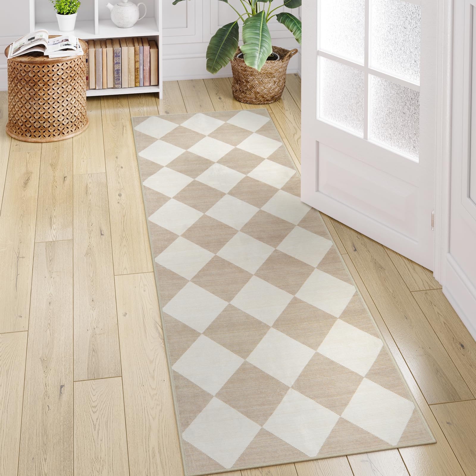 Beeiva 6ft Checkered Carpet Runner - Ultra Thin Washable Non-Slip Hallway Rug, Beige Moroccan Plaid 2x6 Floor Mat for Kitchen, Bedroom, Bathroom & Entryway - Perfect for High-Traffic Areas & Home Decor