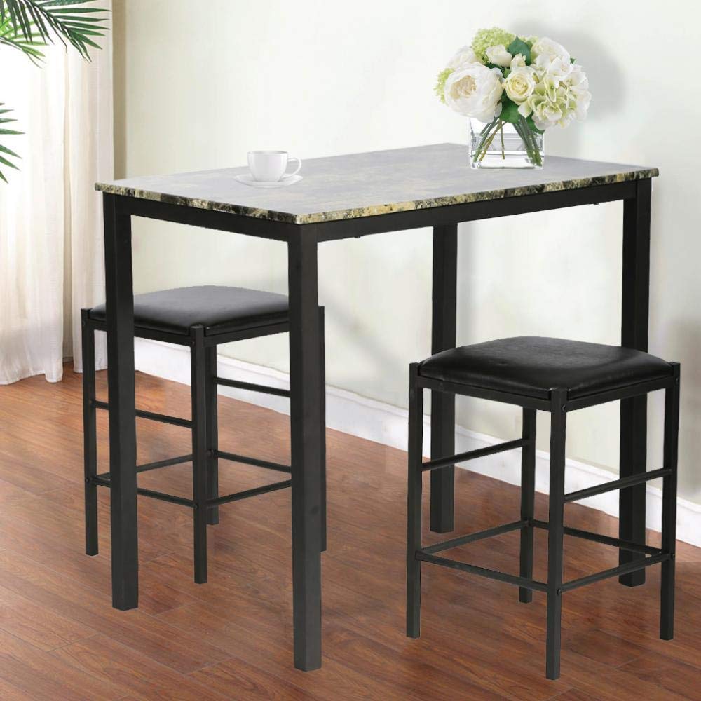BestShop 3-Piece Counter Height Dining Set - Modern Black Bar Table & PU Leather Stools with Marble Top for Small Spaces | Perfect for Kitchen, Breakfast Nook, Studio Apartments & Compact Homes