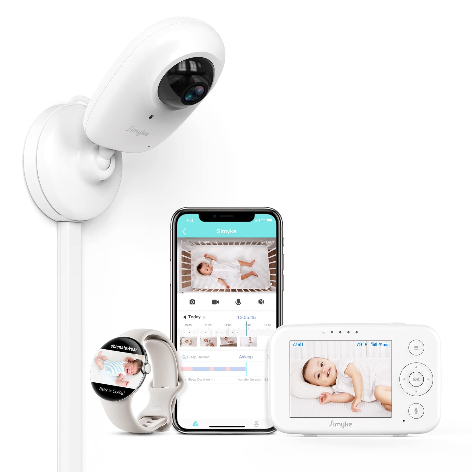 1080P Video Baby Monitor with App & Smart Screen - Cry Detection, Night Vision, 2-Way Talk, Lullabies, Face Recognition, Temperature Sensor, Wall Mountable | Works with Smart Watch | Perfect Nursery Gift for New Parents & Baby Safety