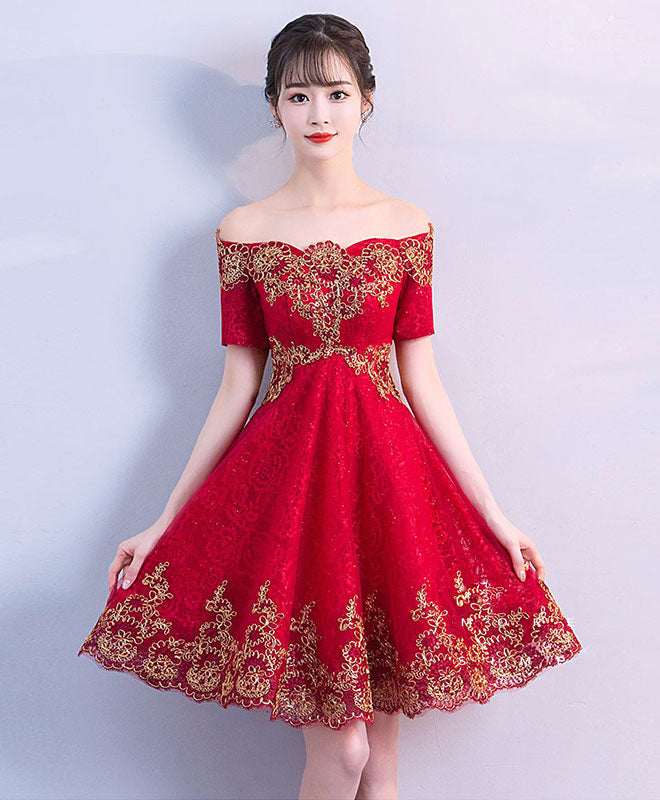 Burgundy Off Shoulder Tulle Lace Short Prom Dress - Elegant Burgundy Evening Gown for Homecoming, Cocktail Party & Formal Events