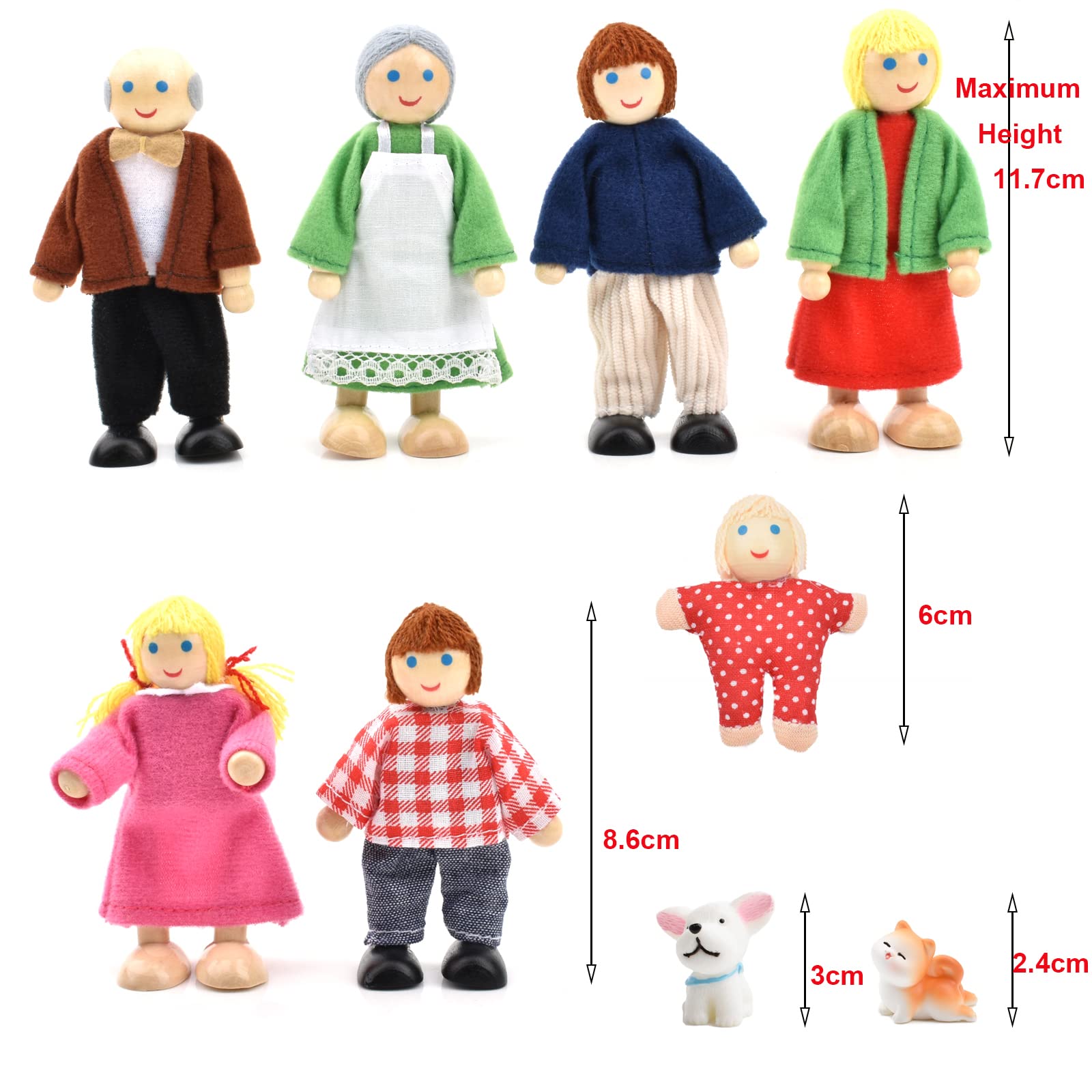 PUCKWAY Wooden Dollhouse with Cat & Dog - Happy Family Doll Figures for Kids Playhouse - Perfect Gift Accessories for Pretend Play & Role Playing Games