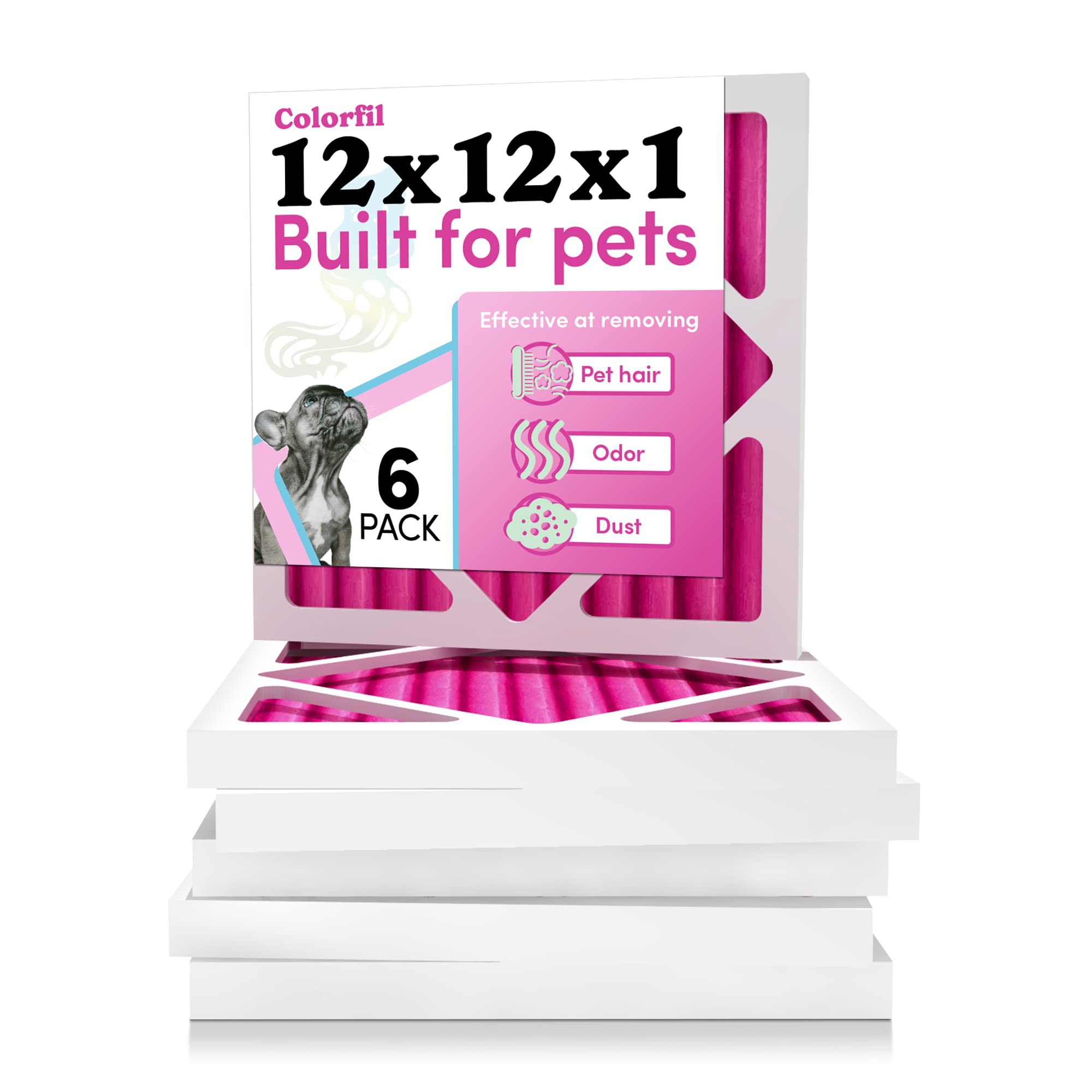 12x12x1 MERV 8 Air Filter for Furnace & AC - Pet Hair & Dust Reduction | Color-Changing Odor Eliminator for Cats & Dogs | Exact Size 11.75x11.75x0.75 Inches | 6-Pack | Perfect for Homes with Pets, Allergies & HVAC Systems