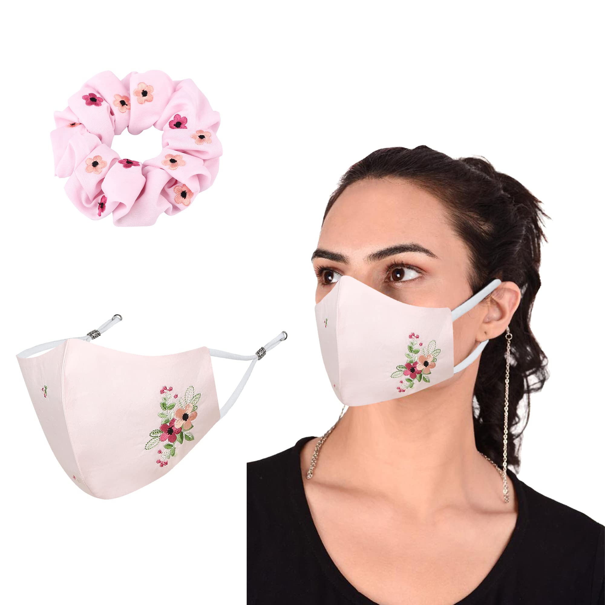 MASQ by Q-One Verbina Embroidered Scrunchie & 4-Layer Cotton Face Mask Set with Detachable Chain - Women's Medium Size (Pink, 2-Pack) | Fashion Accessory for Everyday Wear, Work, Shopping & Travel
