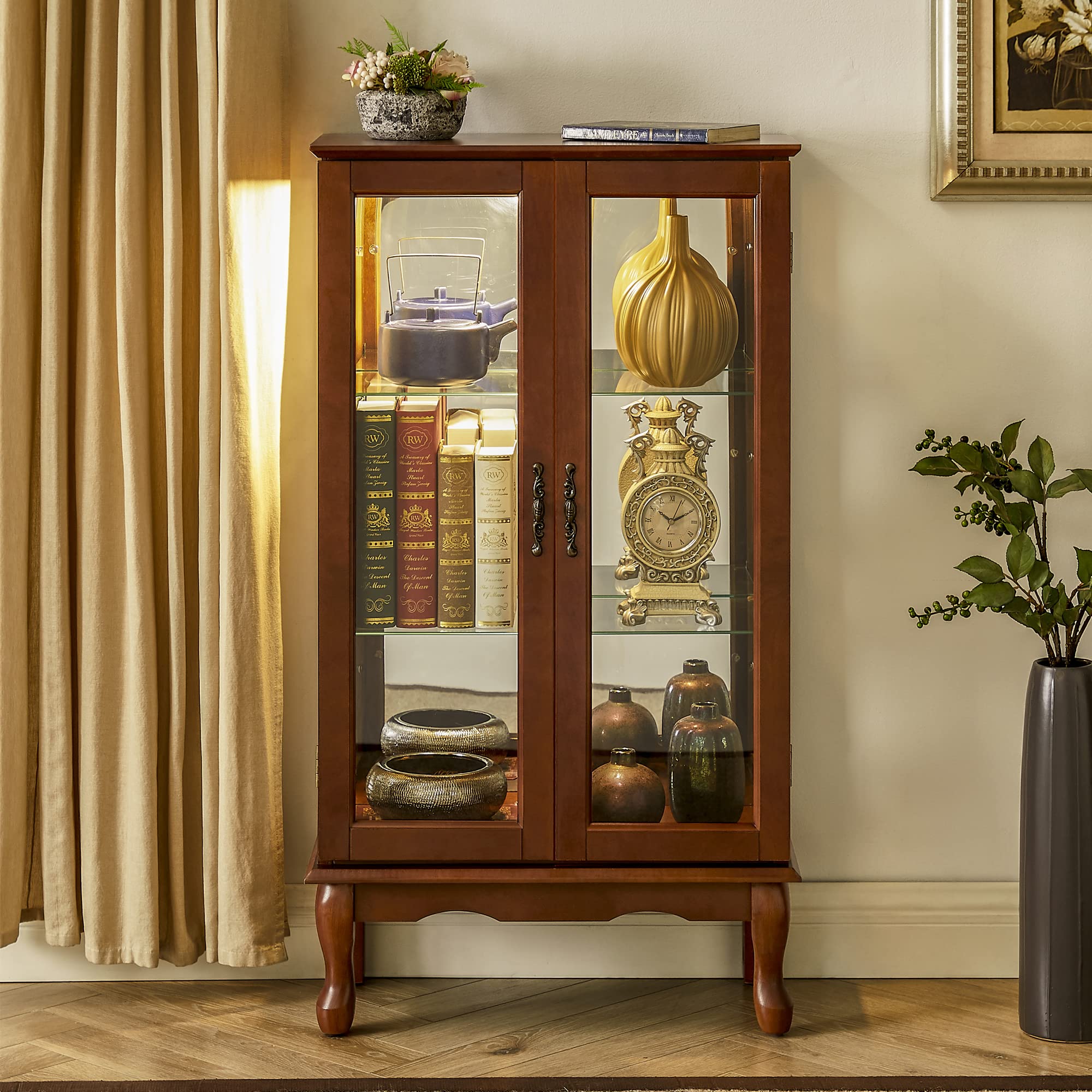 Elegant Lighted Curio Display Cabinet - Adjustable Wood & Glass Sideboard for Collectibles - 43.5