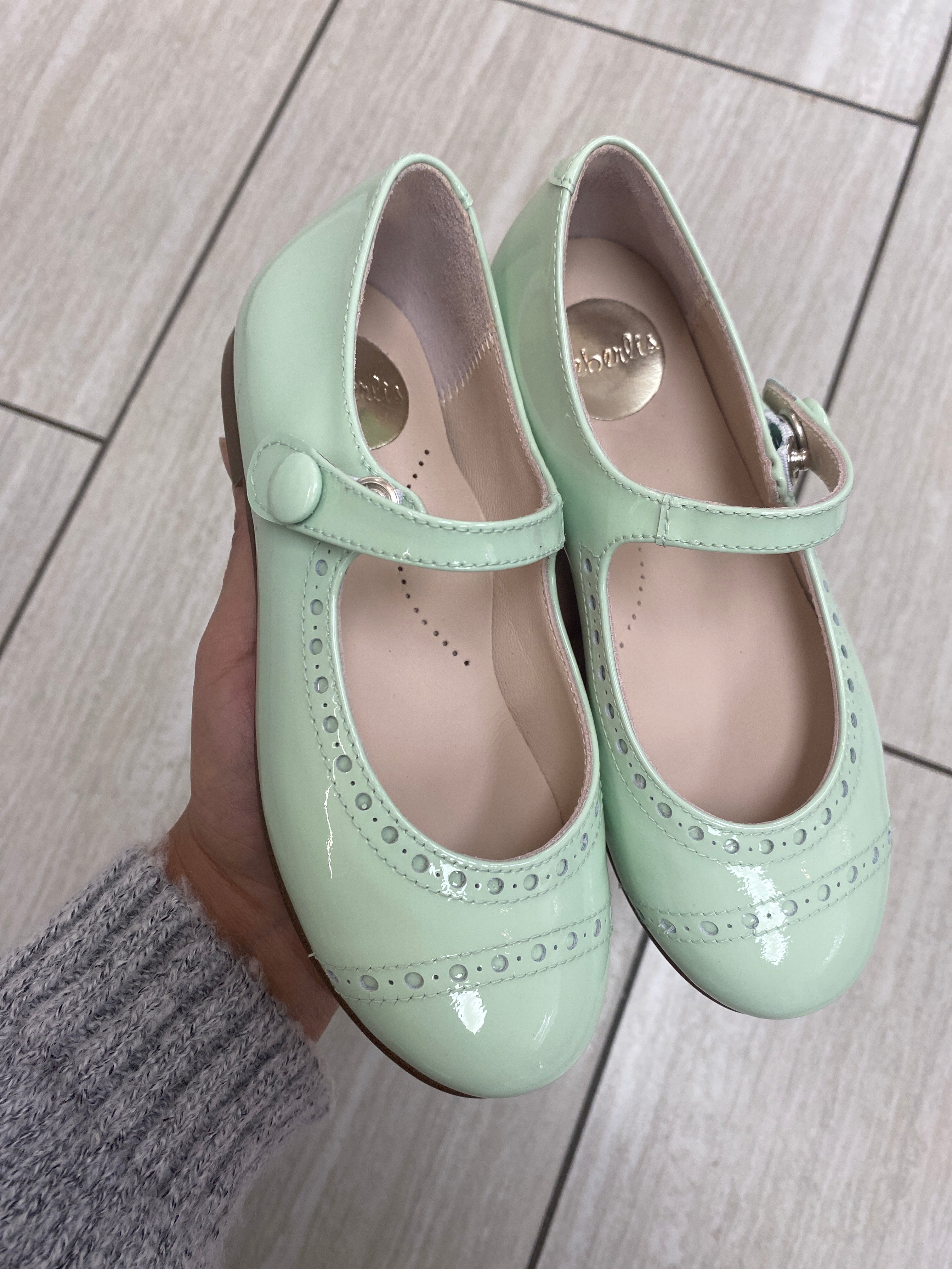 Beberlis Women's Mint Green Patent Leather Perforated Mary Jane Flats - Comfortable & Stylish Shoes for Work, Office, and Casual Outfits