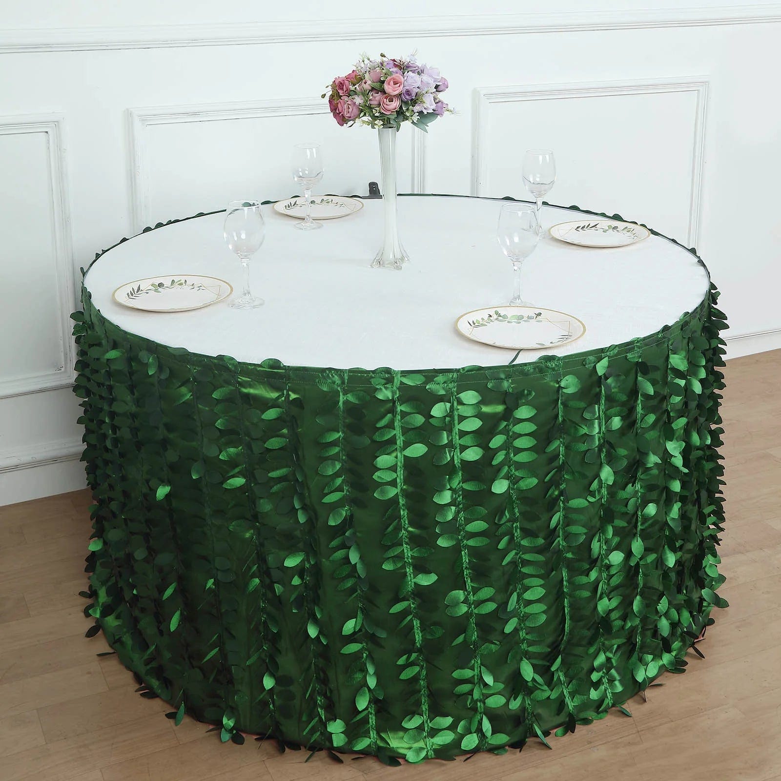 3D Leaves Petals Design Taffeta Table Skirt - Elegant Green Table Cover for Weddings, Parties & Events - Perfect for Banquet Decorations & Special Occasions
