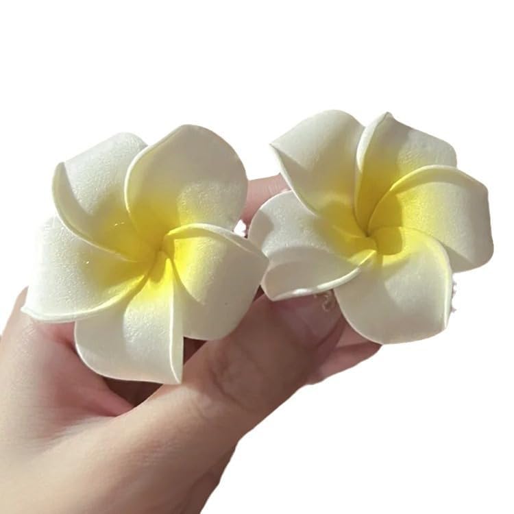 2 Pcs 7Cm White and Pink Hawaiian Frangipani Plumeria Hair Clips - Foam Flower Hair Barrettes for Women, Girls - Perfect for Beach Parties, Weddings, Summer Vacations & Tropical Themed Events