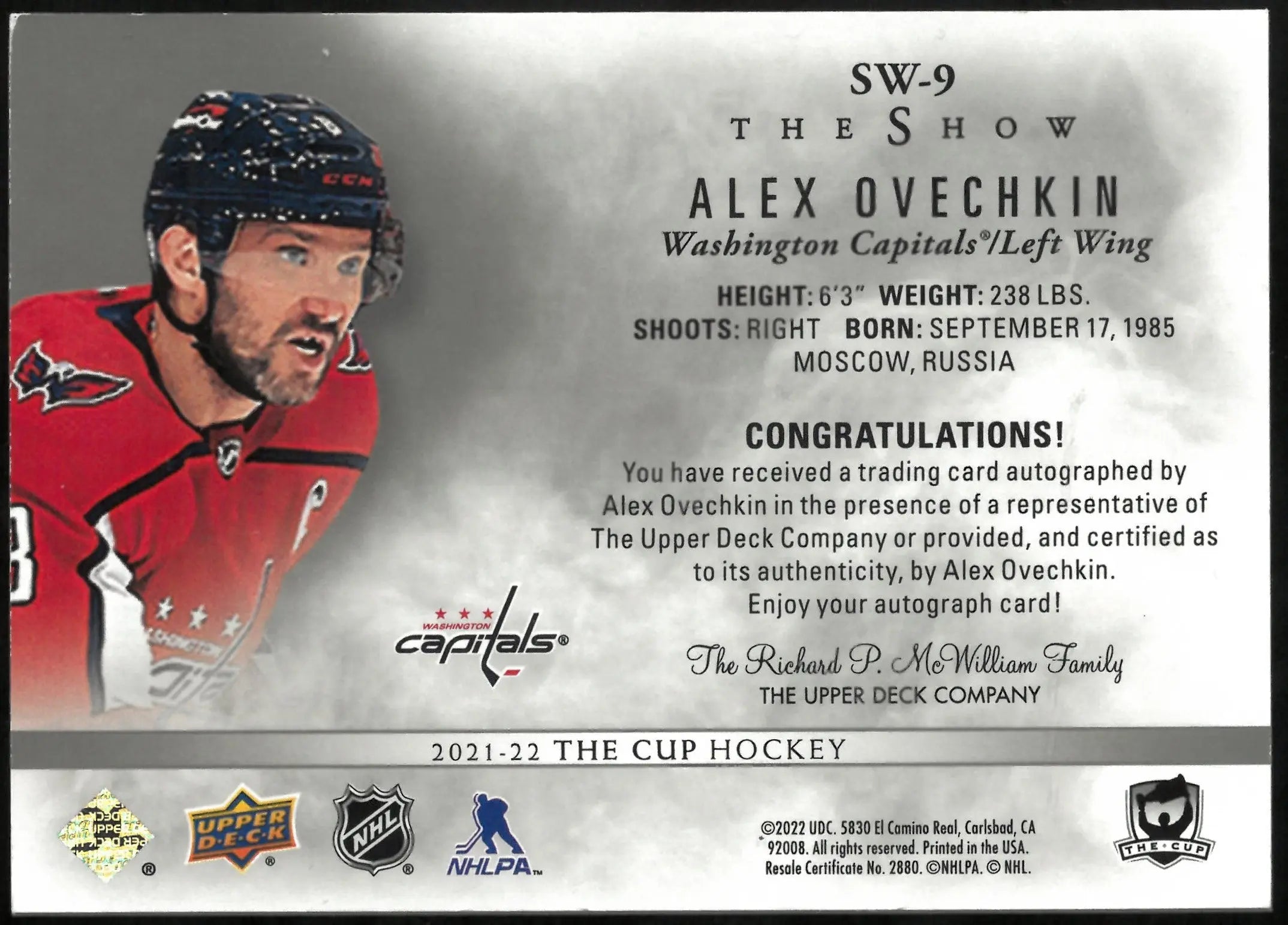 2021-22 Upper Deck The Cup Alex Ovechkin The Show Signatures #SW 9 Hockey Trading Card - Perfect for Collectors, Investors & Sports Memorabilia Enthusiasts