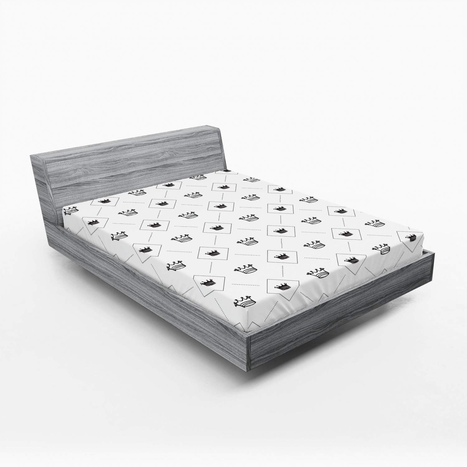 Ambesonne Abstract Fitted Sheet - Minimalist Modern Crown & Dots Design, Deep Pocket Elastic Queen Size Bed Cover in Black & White | Perfect for Contemporary Bedrooms, Guest Rooms & Dorm Decor