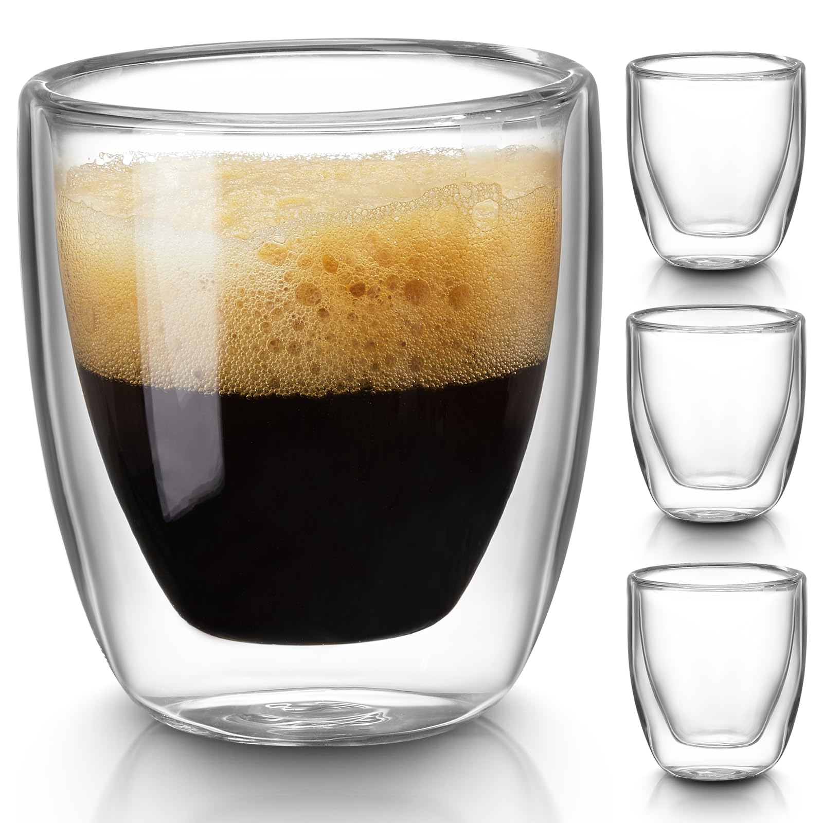 Premium Double Walled Espresso Cups Set of 4 (50% Thicker) - 3oz Clear Coffee Mugs for Espresso & Macchiato - Heat Resistant & Microwave Safe Glass Shot Glasses - Perfect for Home Baristas, Coffee Shops & Gifts