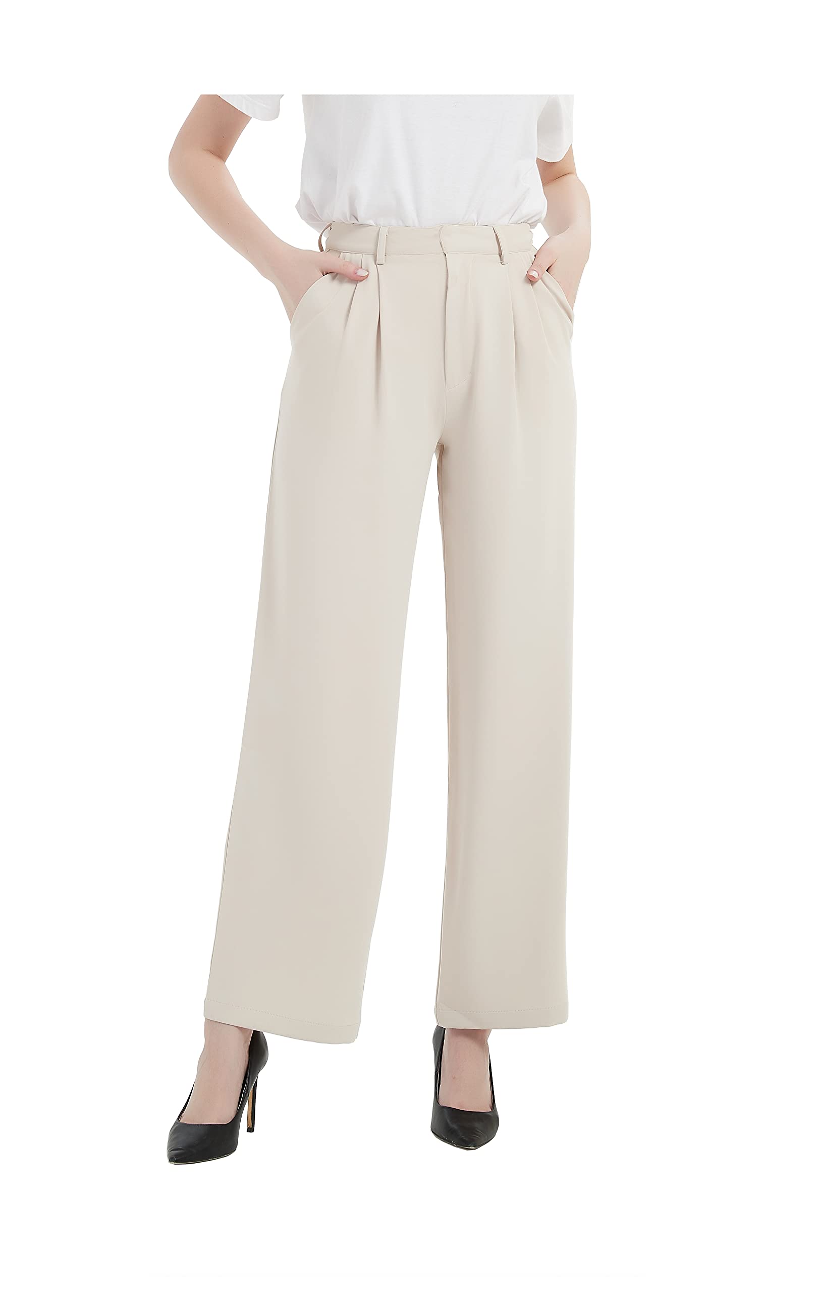 Tronjori Women's High Waist Straight Leg Dress Pants - Wide Leg Trousers with Regular Waistband for Office, Business Casual & Everyday Wear