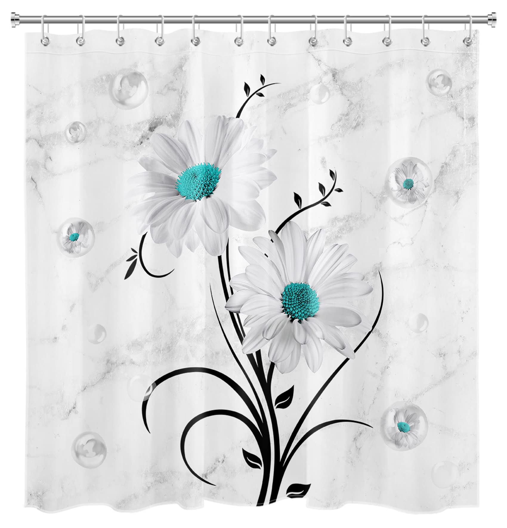 HVEST Farmhouse Floral Shower Curtain - Rustic Daisy Flower Botanical Bathroom Decor with Hooks, 72x72 Inches Grey Abstract Marble Print, Waterproof Polyester Fabric for Bathroom & Shower Decor (Perfect for Farmhouse, Cottage or Vintage Style Bathrooms)