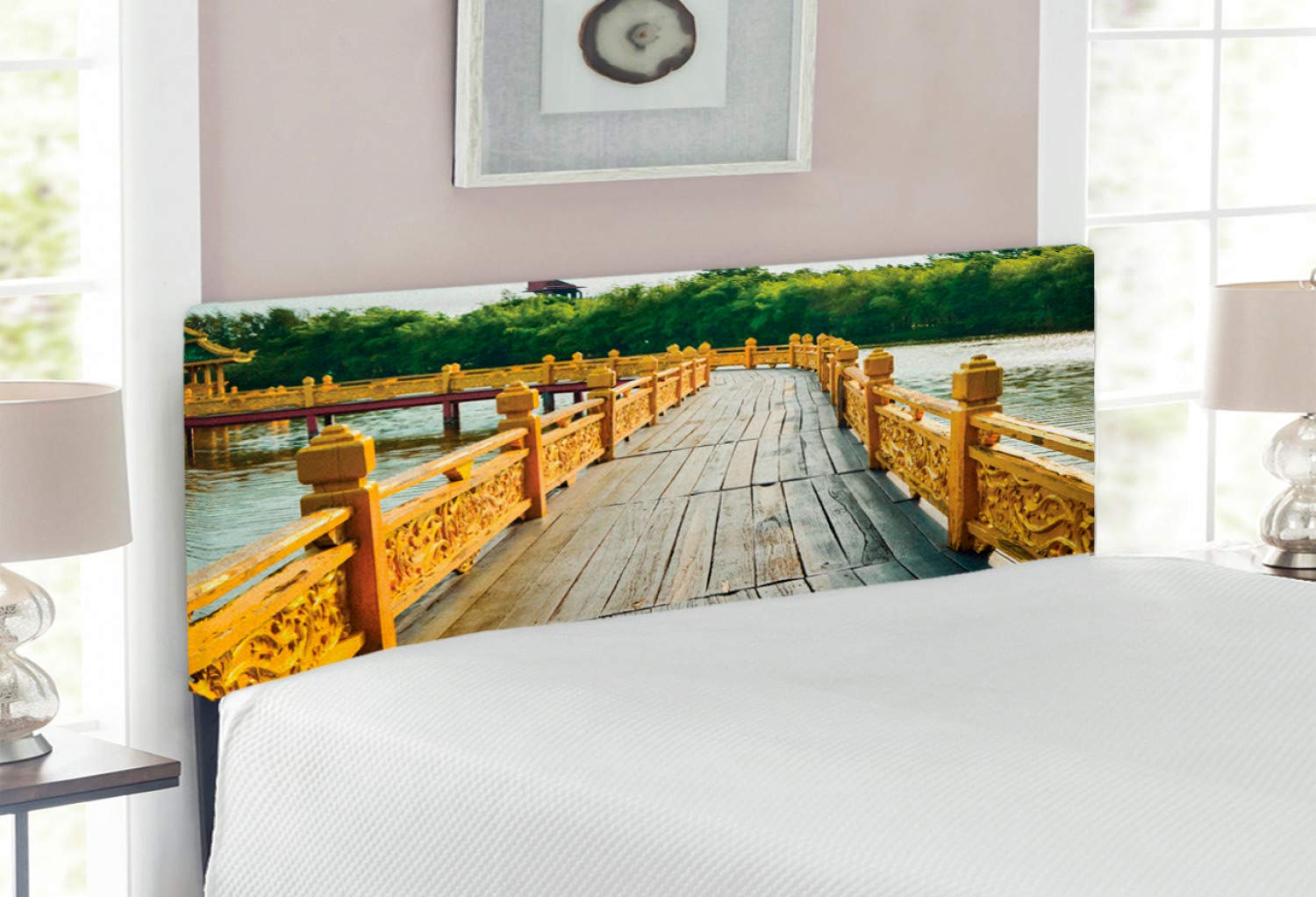 Ambesonne Countryside Upholstered Headboard - Full Size Decorative Metal Bed Headboard with Memory Foam in Mustard Tan Green | Rustic Bridge & River Waterscape Design for Bedroom Decor | Perfect for Farmhouse, Cottage & Vintage Style Homes