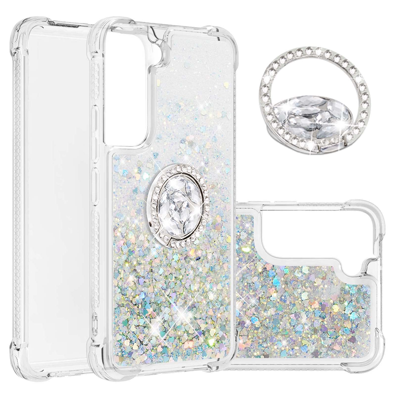 Shockproof TPU Glitter Liquid Quicksand Phone Case with Rhinestone Ring Kickstand for Samsung Galaxy S22 - Slim Fit Waterfall Flowing Bumper Cover with Holder, Silver (Perfect for Daily Use, Parties & Travel Protection)