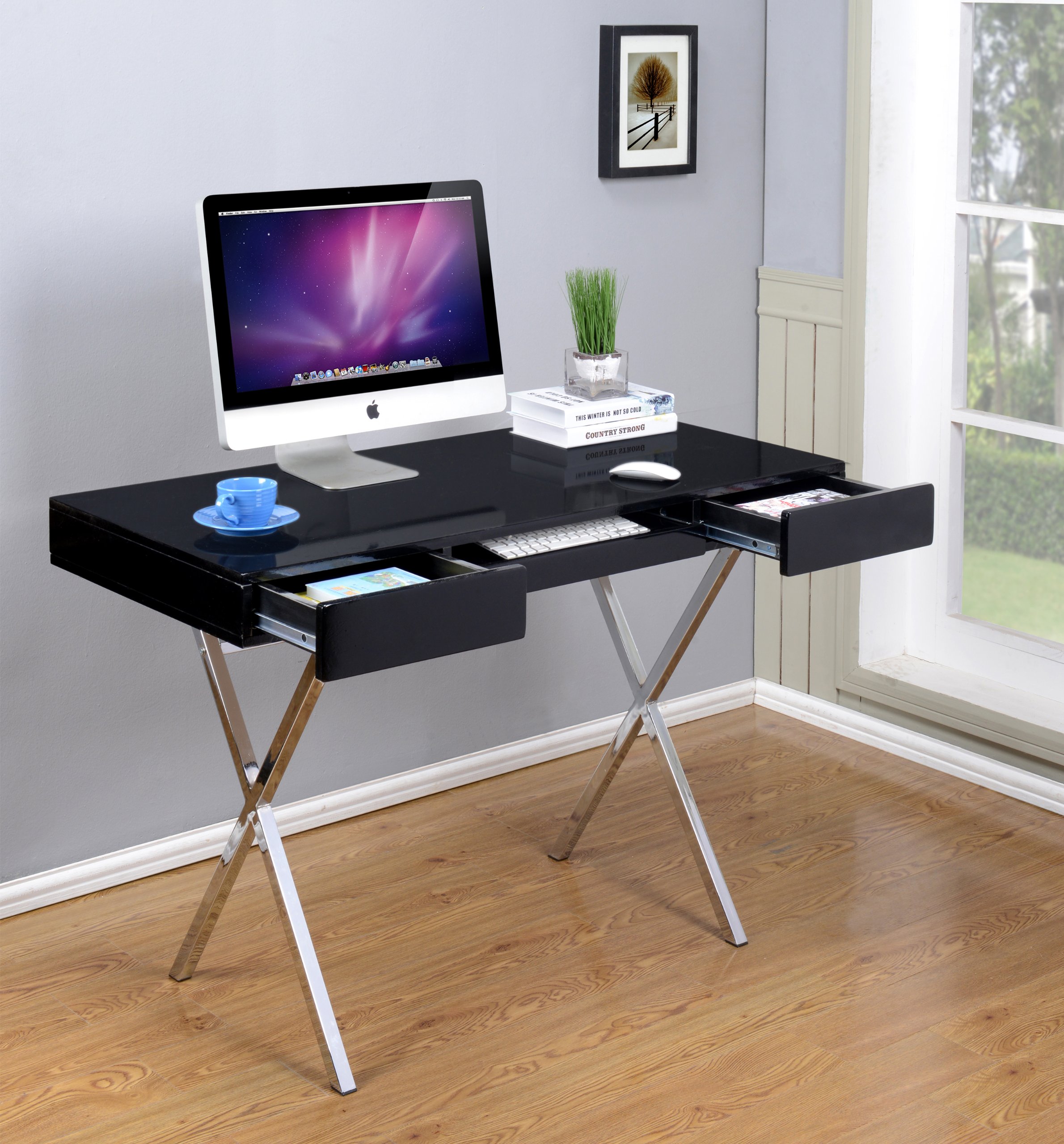 Kings Brand Modern Home & Office Desk - Black Chrome Contemporary Writing Desk for Study, Workstation & Home Office