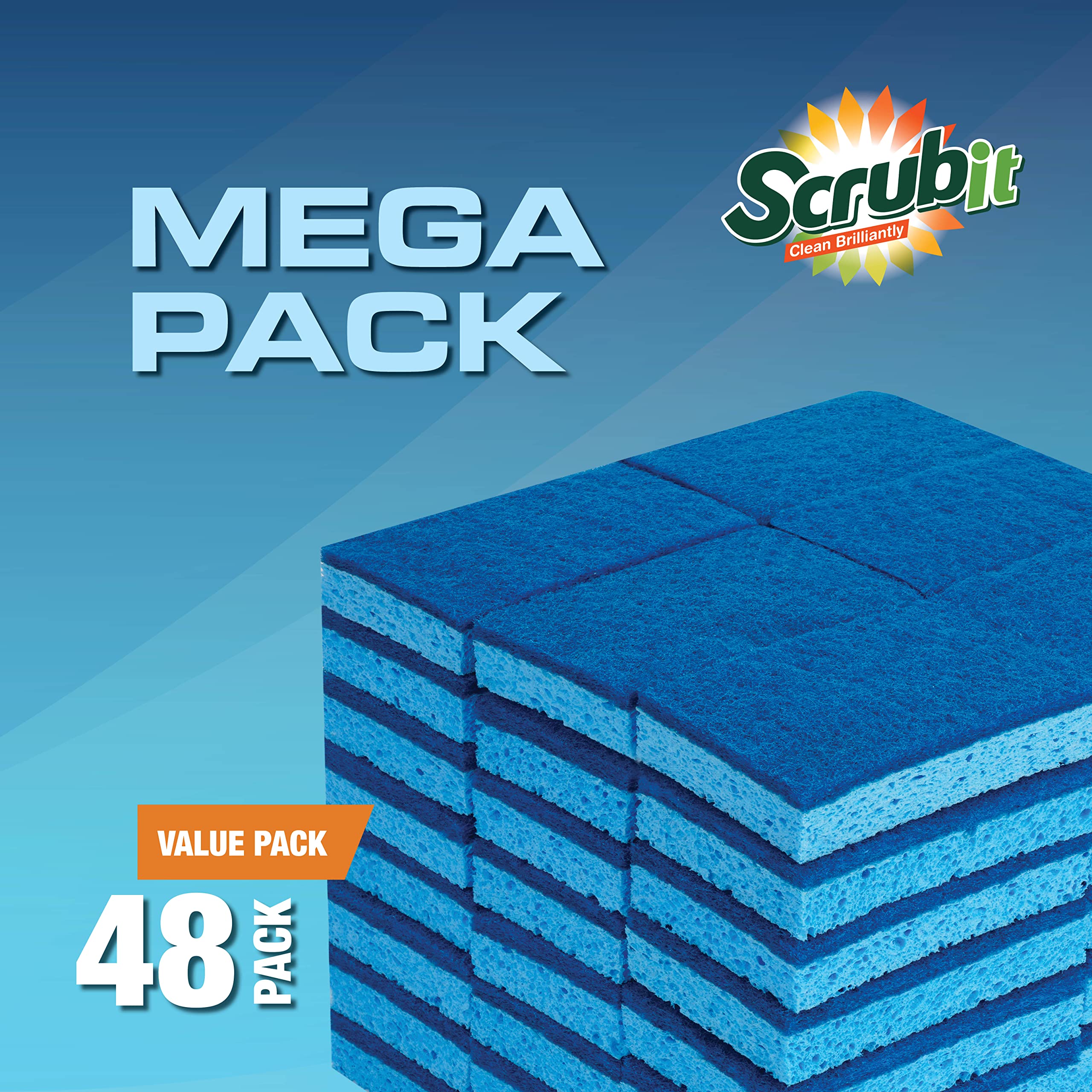 SCRUBIT 48 Pack Heavy-Duty Kitchen Sponges for Dishwashing, Cleaning Kitchen & Bathroom - Blue Non-Scratch Sponges with Scrubber - Bulk Cleaning Supplies for Home, Office, and Outdoor Use