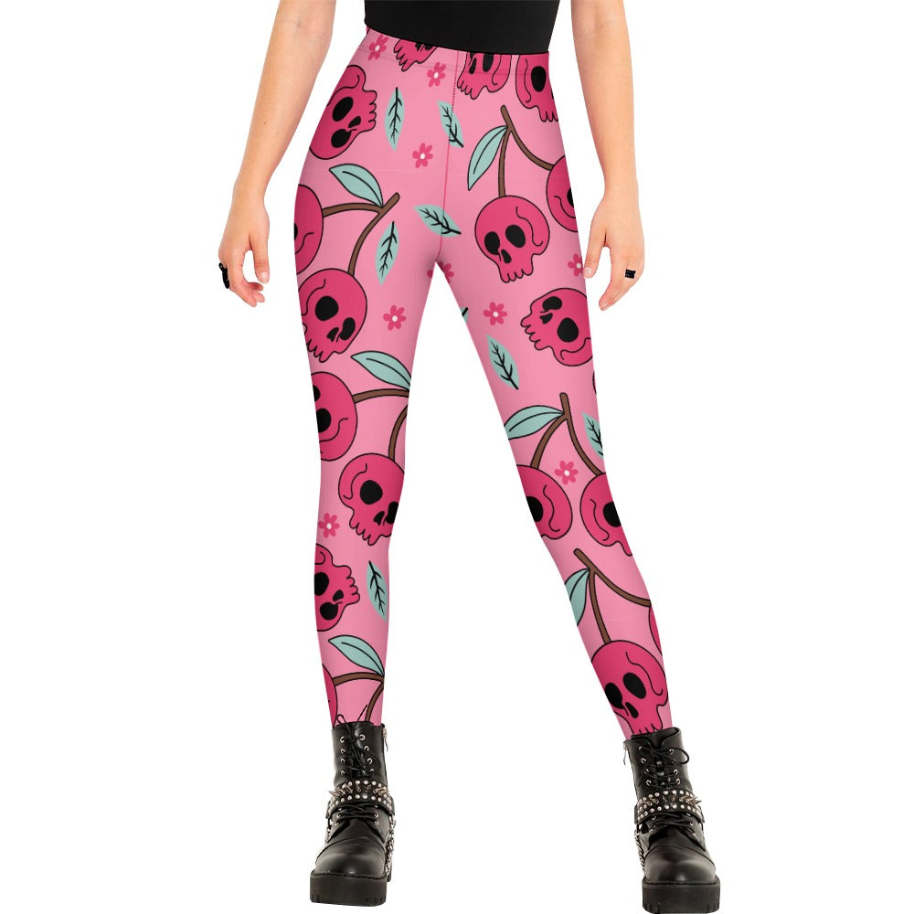 Cherry Skull Print Leggings for Women - Gothic Fashion Workout Yoga Pants - Perfect for Halloween, Cosplay & Streetwear